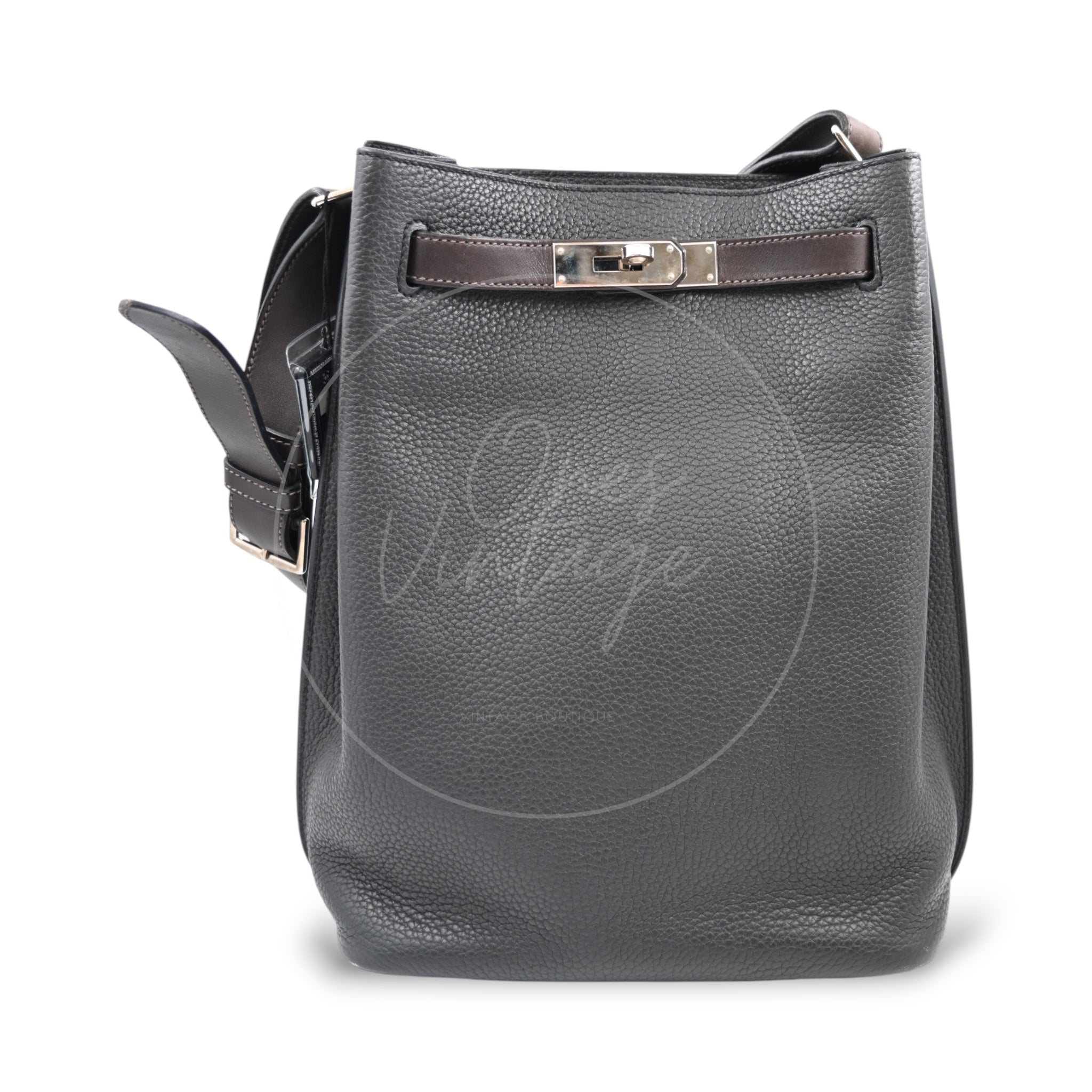 Hermes So Kelly 22 PHW Black with Ebene Strap Stamp R