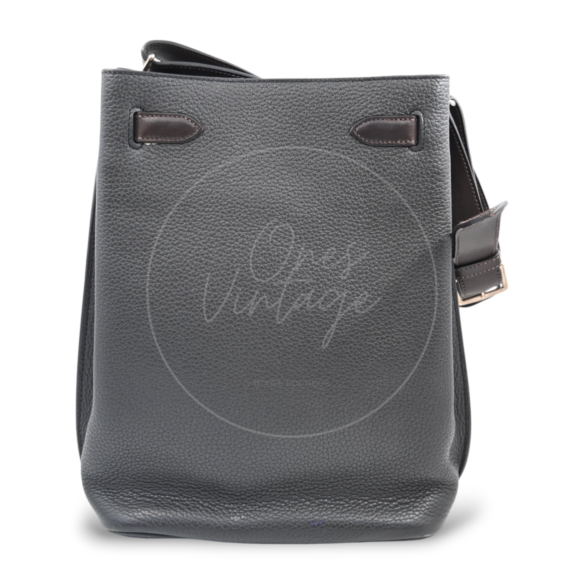 Hermes So Kelly 22 PHW Black with Ebene Strap Stamp R