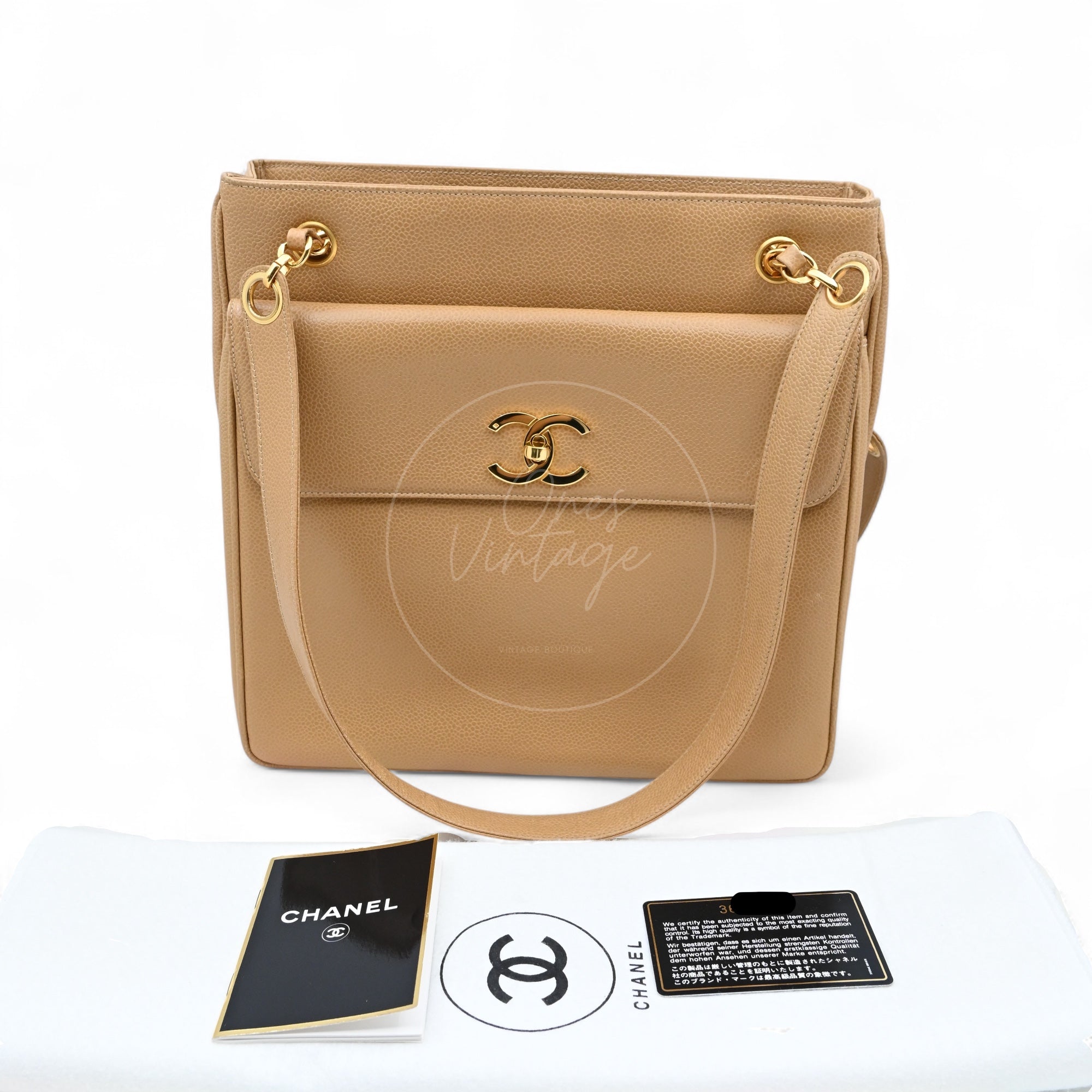 Chanel Caviar CC Tote Bag GHW Beige Series 3