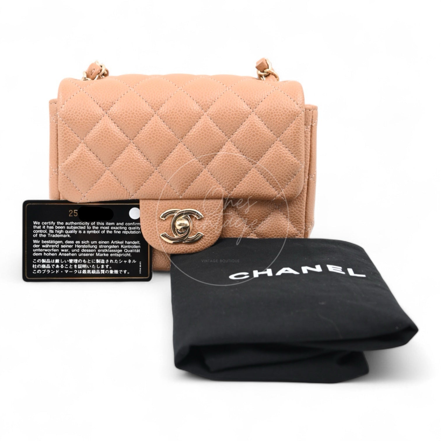 Chanel Mini Square Caviar Flap Handbag GHW Beige Series 25