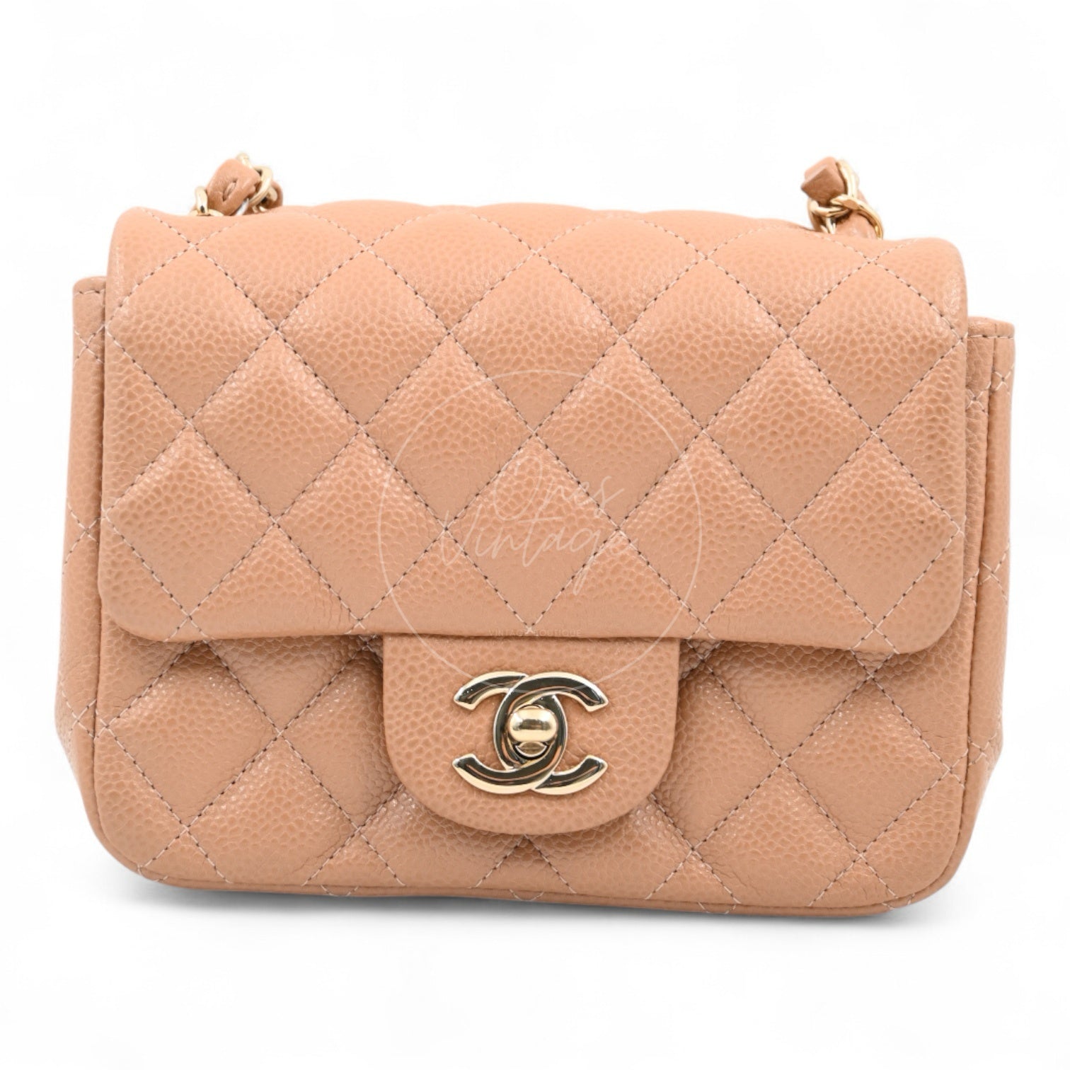 Chanel Mini Square Caviar Flap Handbag GHW Beige Series 25