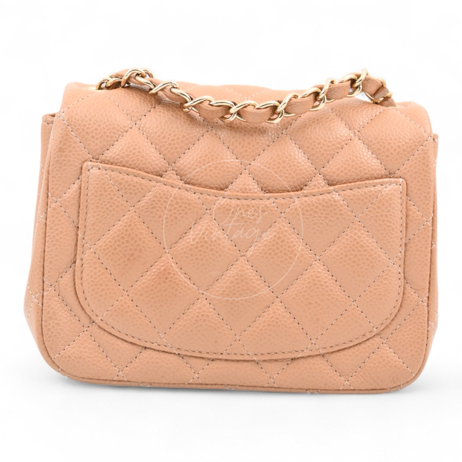 Chanel Mini Square Caviar Flap Handbag GHW Beige Series 25