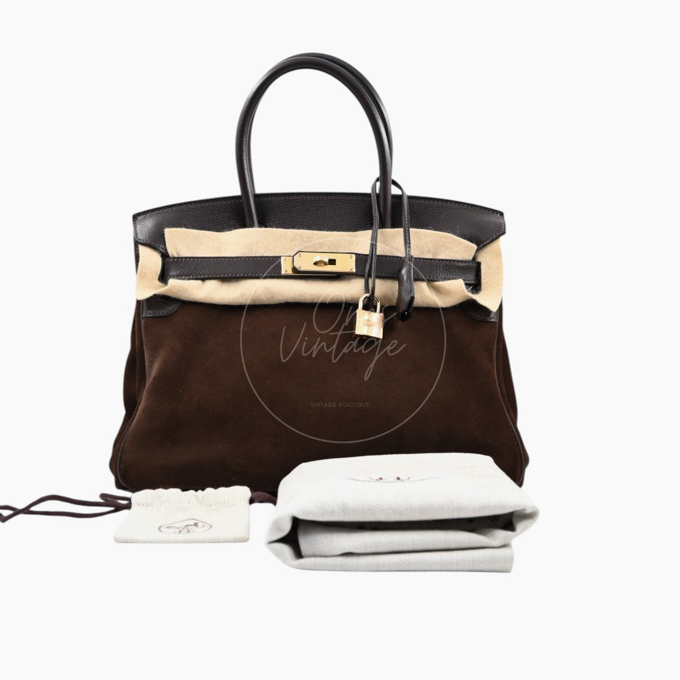 Herme Birkin 30 Grizzly Suede HandBag GHW Brown Square P