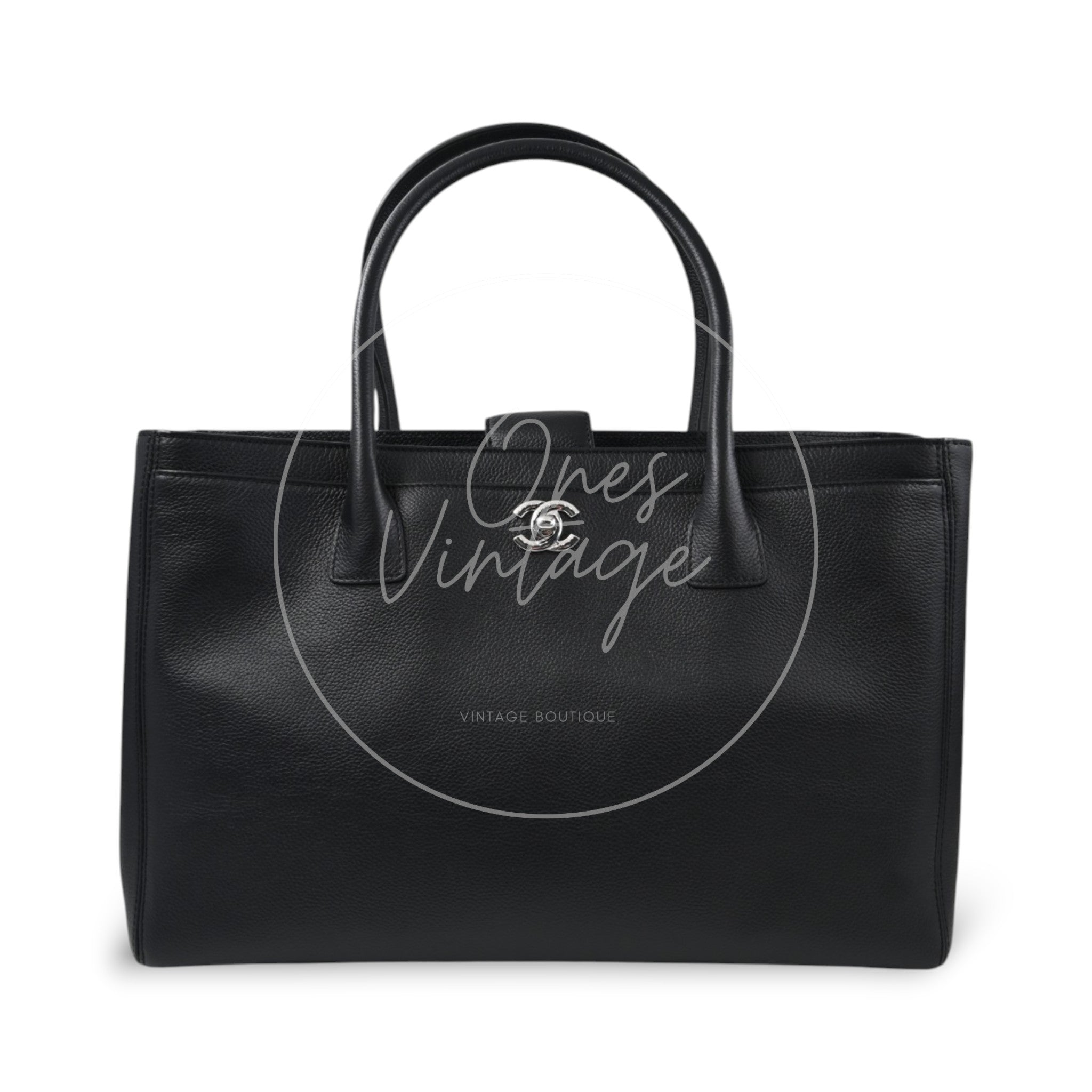 Chanel Cerf Executive Shopper medium tote in black calfskin with silver-tone hardware, Series 14, front view with double handles