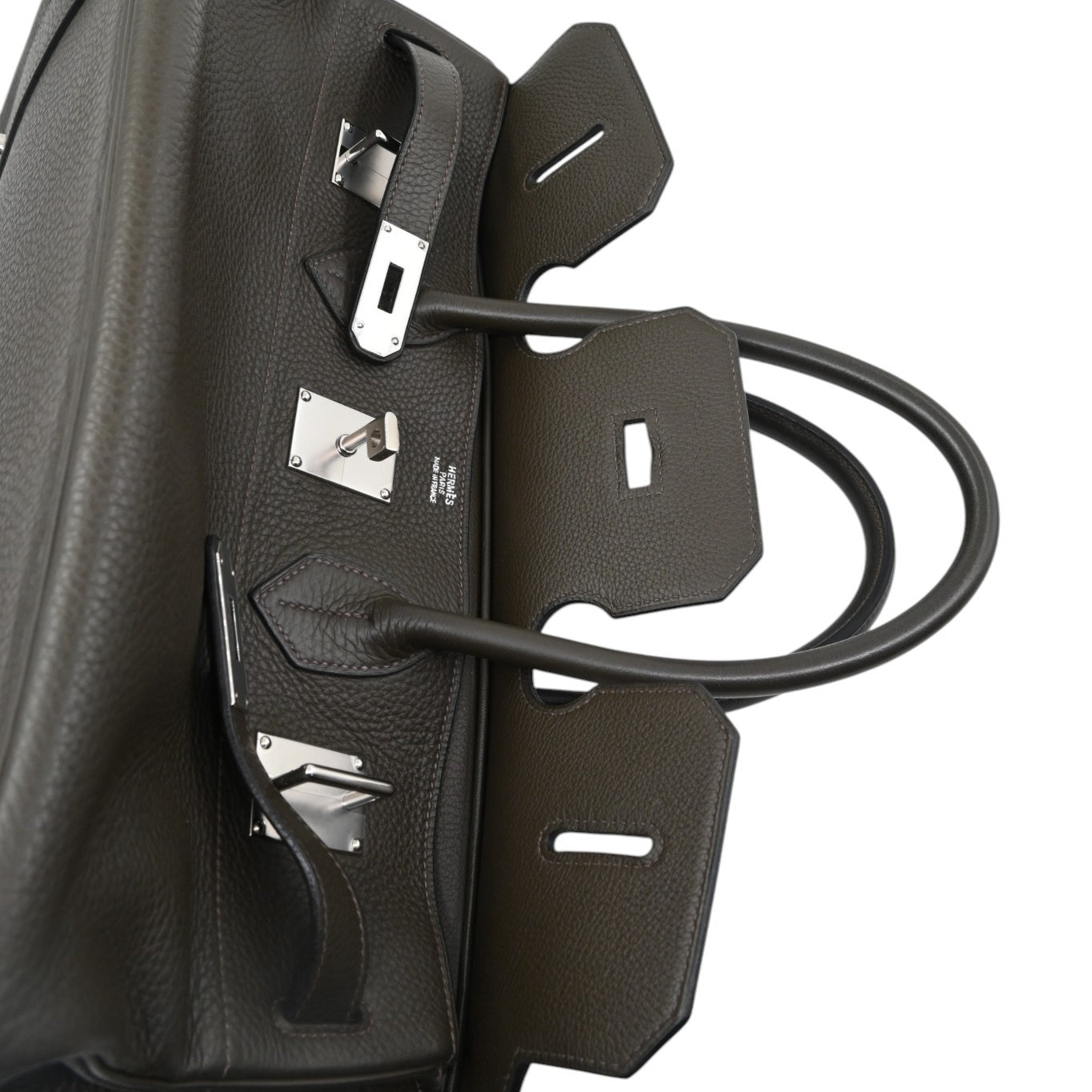 Top view of open Hermes Shoulder Birkin bag with silver foil logo stamp