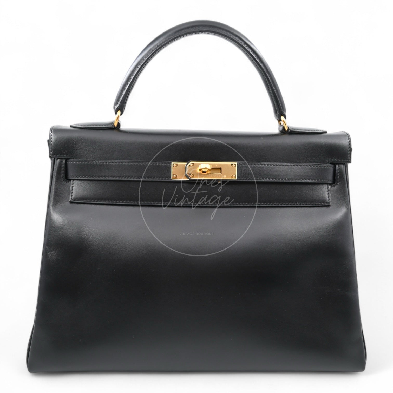 Hermes Kelly Retourne Size 32 Box Leather Handbag GHW Black Square B