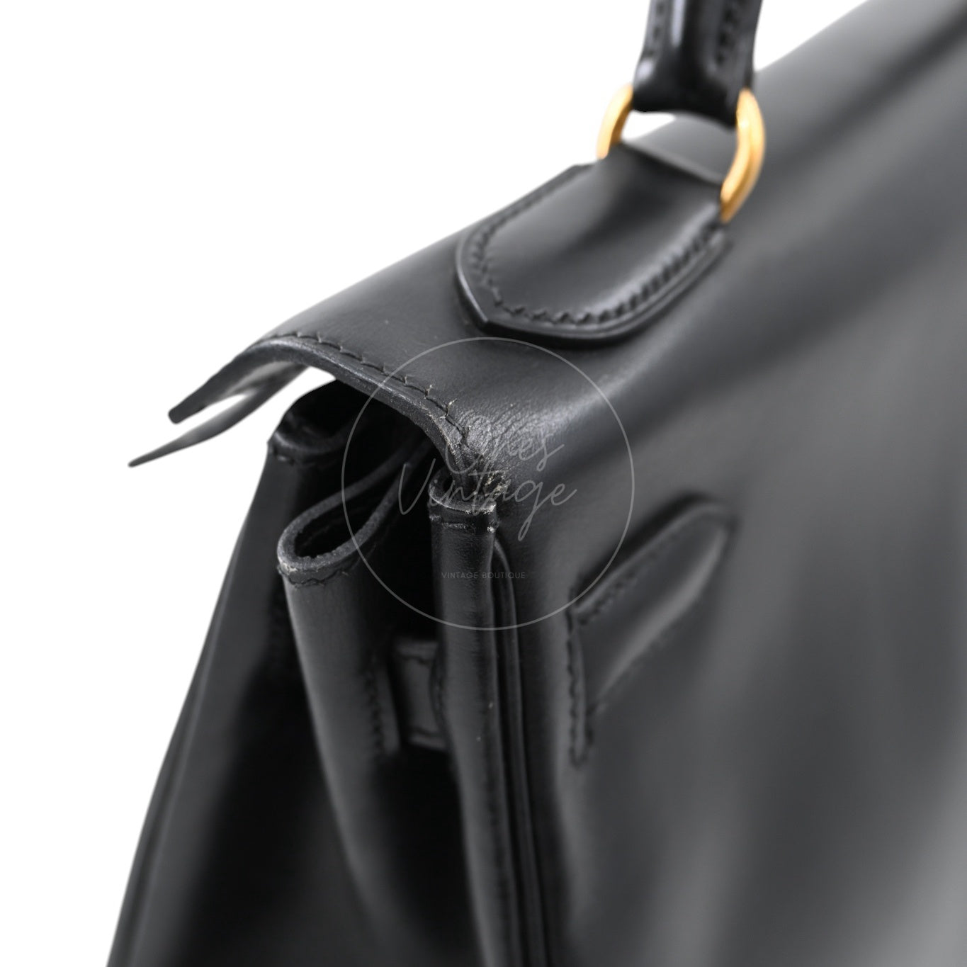 Hermes Kelly Retourne Size 32 Box Leather Handbag GHW Black Square B