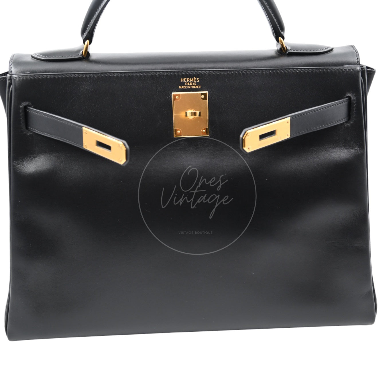 Hermes Kelly Retourne Size 32 Box Leather Handbag GHW Black Square B