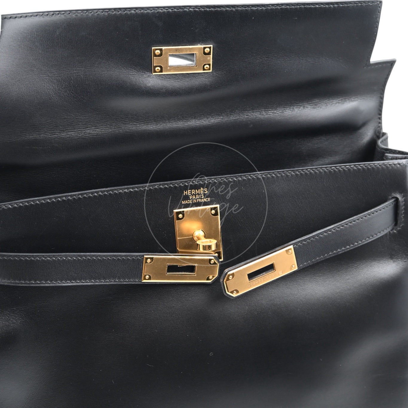 Hermes Kelly Retourne Size 32 Box Leather Handbag GHW Black Square B