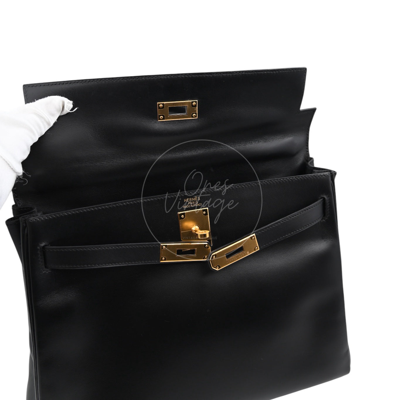 Hermes Kelly Retourne Size 32 Box Leather Handbag GHW Black Square B