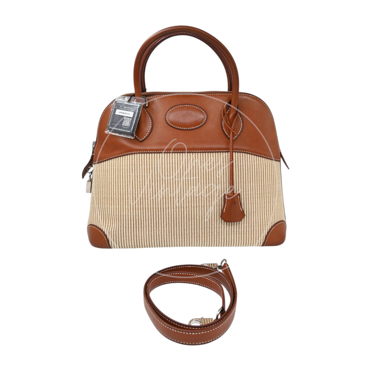 Hermès Bolide 26 in Fauve Barenia leather and Crinoline fabric with palladium-plated hardware, Square D stamp, full set with shoulder strap and authenticity tag