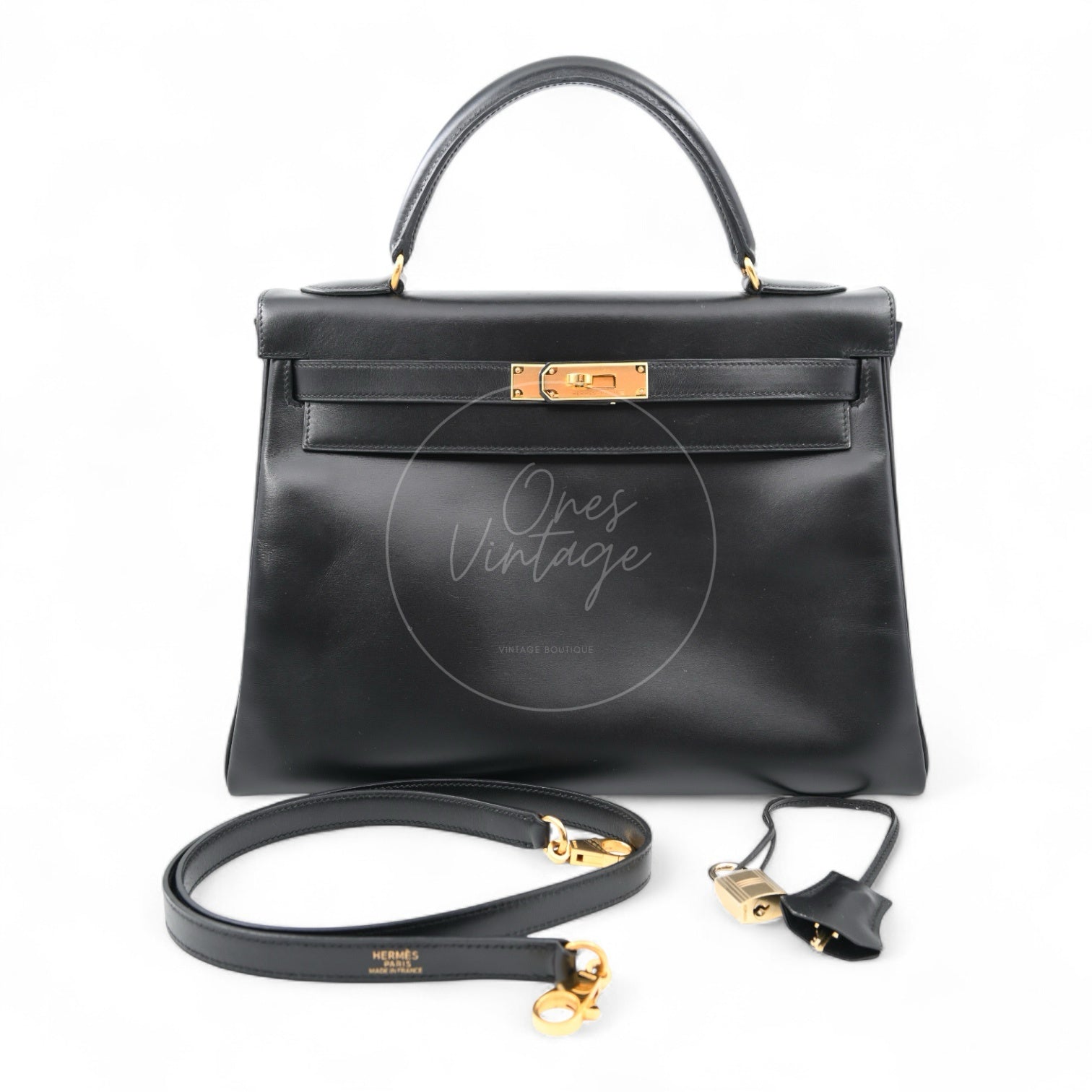 Hermes Kelly Retourne Size 32 Box Leather Handbag GHW Black Square B