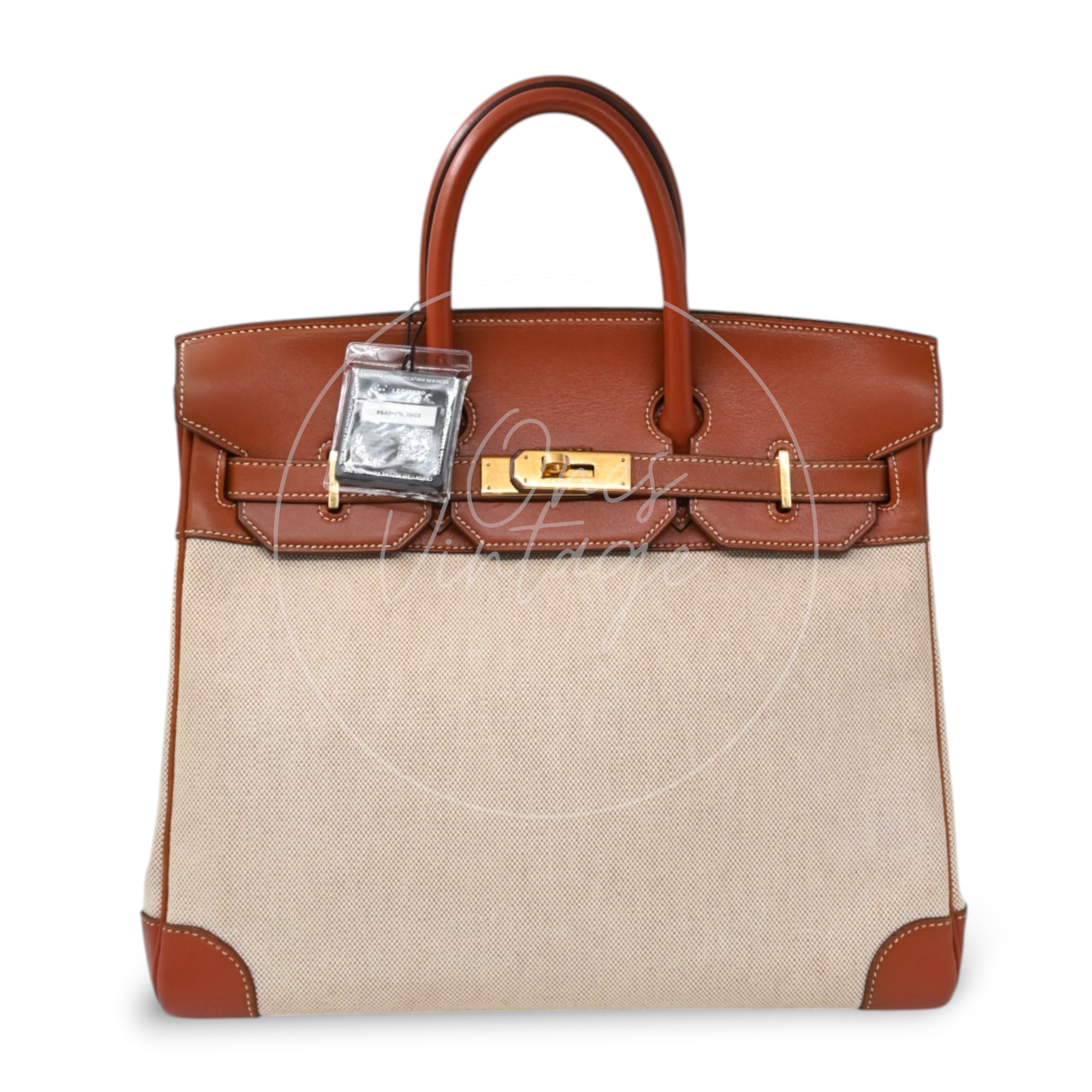 Hermès Haut à Courroies 32 in Fauve Barenia leather and beige toile with gold-tone hardware, Circle X stamp, full view with authenticity tag attached