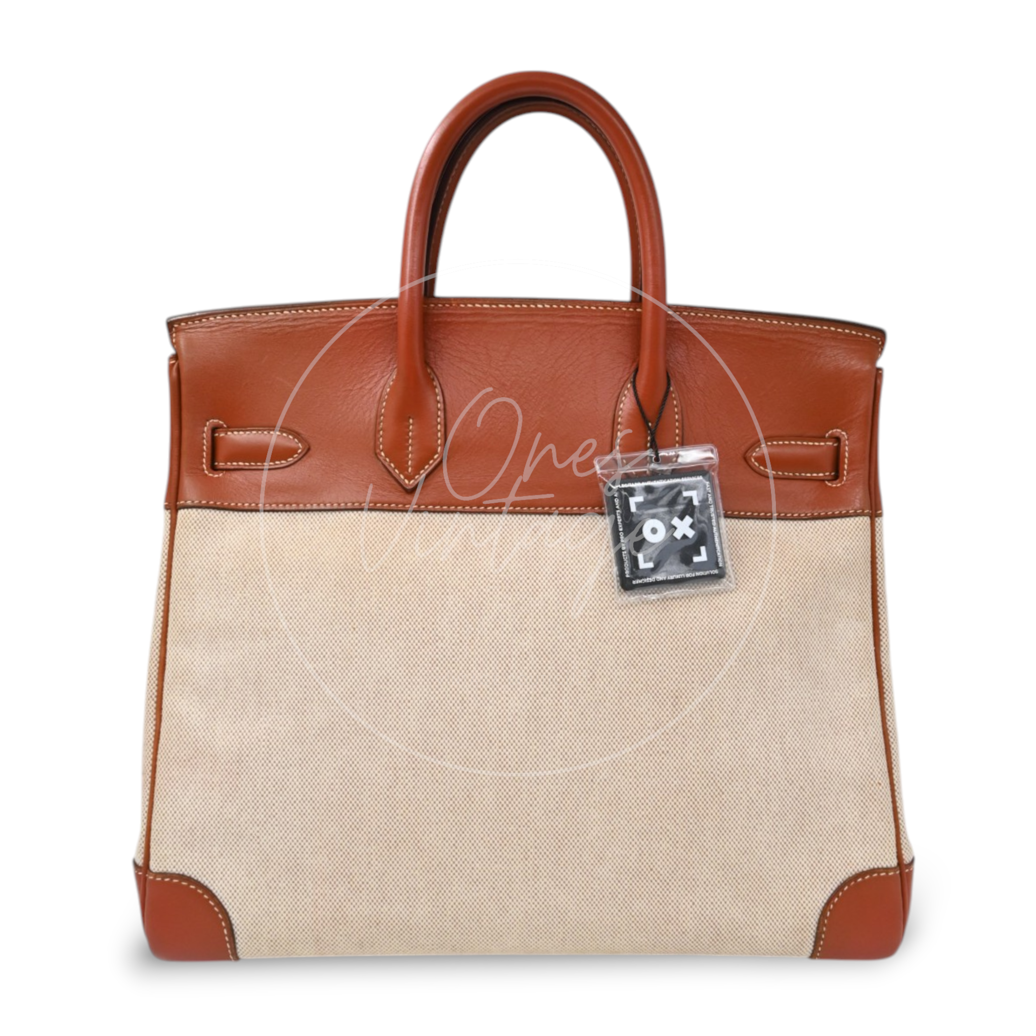 Hermès Haut à Courroies 32 in Fauve Barenia leather and beige toile with gold-tone hardware, Circle X stamp, rear view with authenticity tag