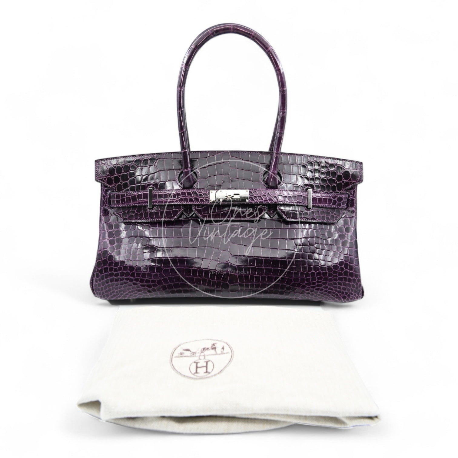 Hermes Shoulder Birkin Cassie Shiny Porosus Croco PHW Purple Stamp O