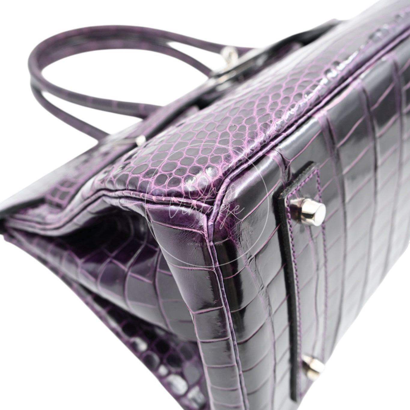 Hermes Shoulder Birkin Cassie Shiny Porosus Croco PHW Purple Stamp O