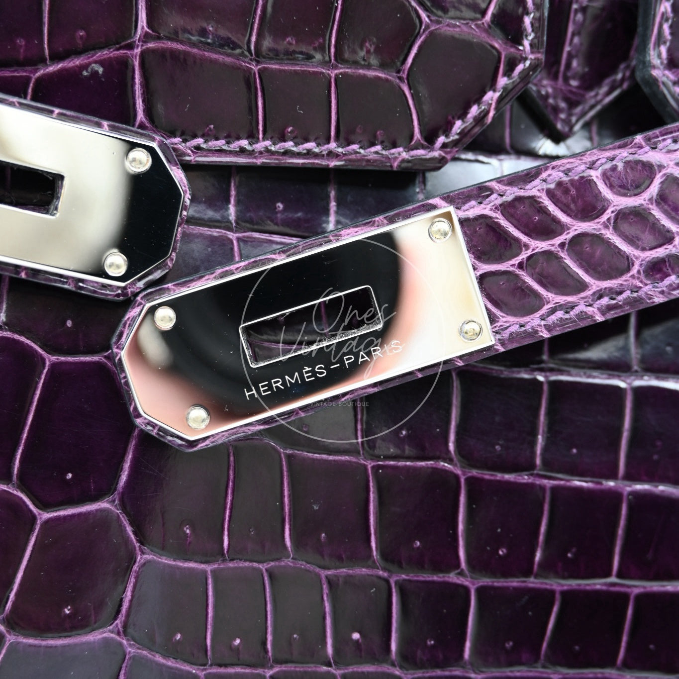 Hermes Shoulder Birkin Cassie Shiny Porosus Croco PHW Purple Stamp O