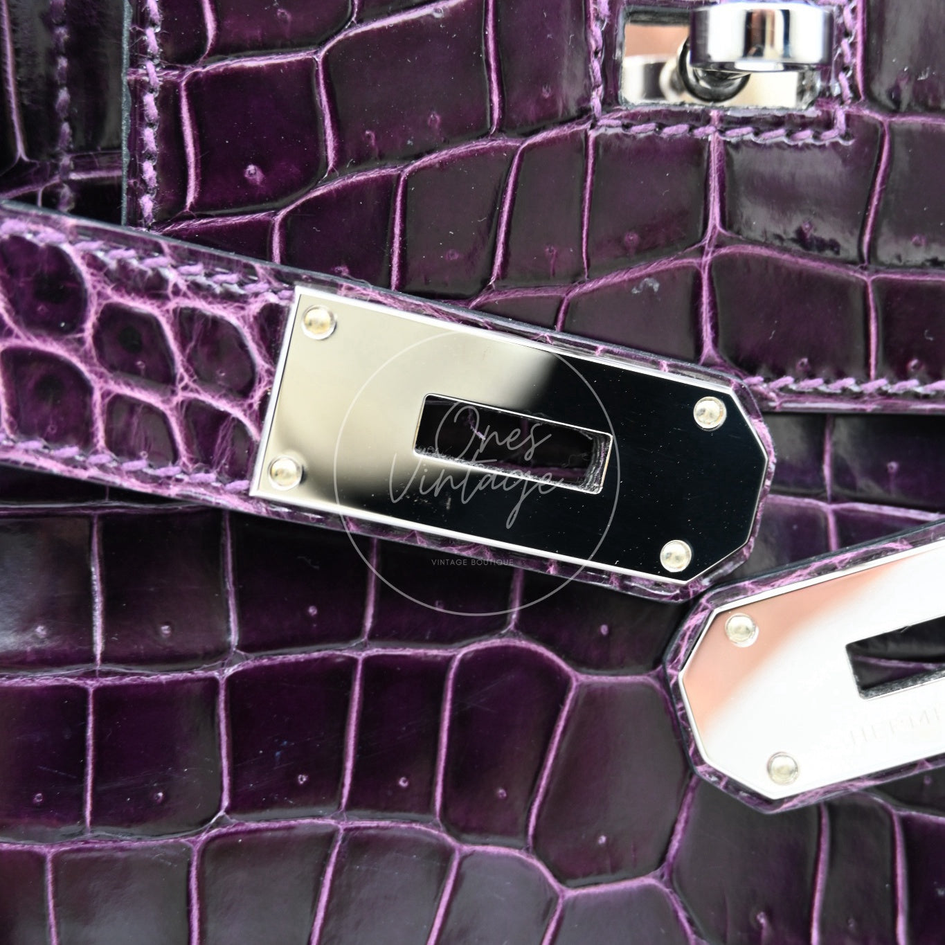 Hermes Shoulder Birkin Cassie Shiny Porosus Croco PHW Purple Stamp O