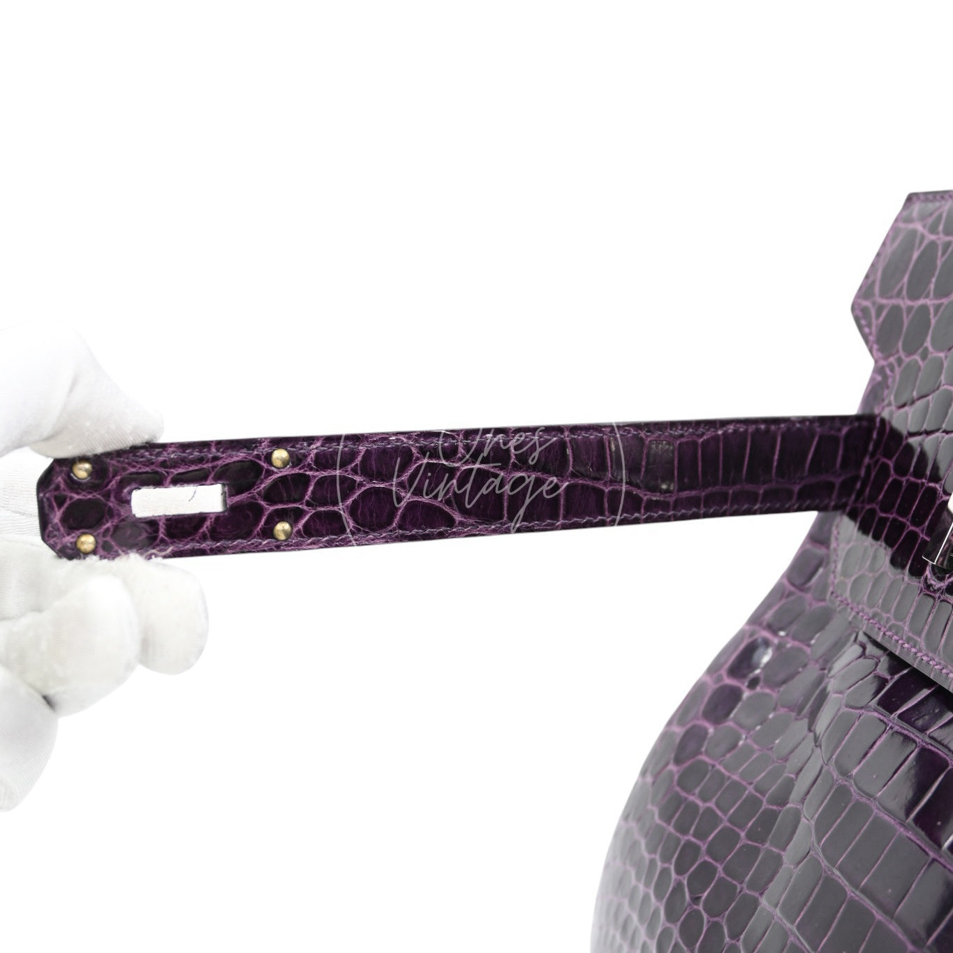Hermes Shoulder Birkin Cassie Shiny Porosus Croco PHW Purple Stamp O