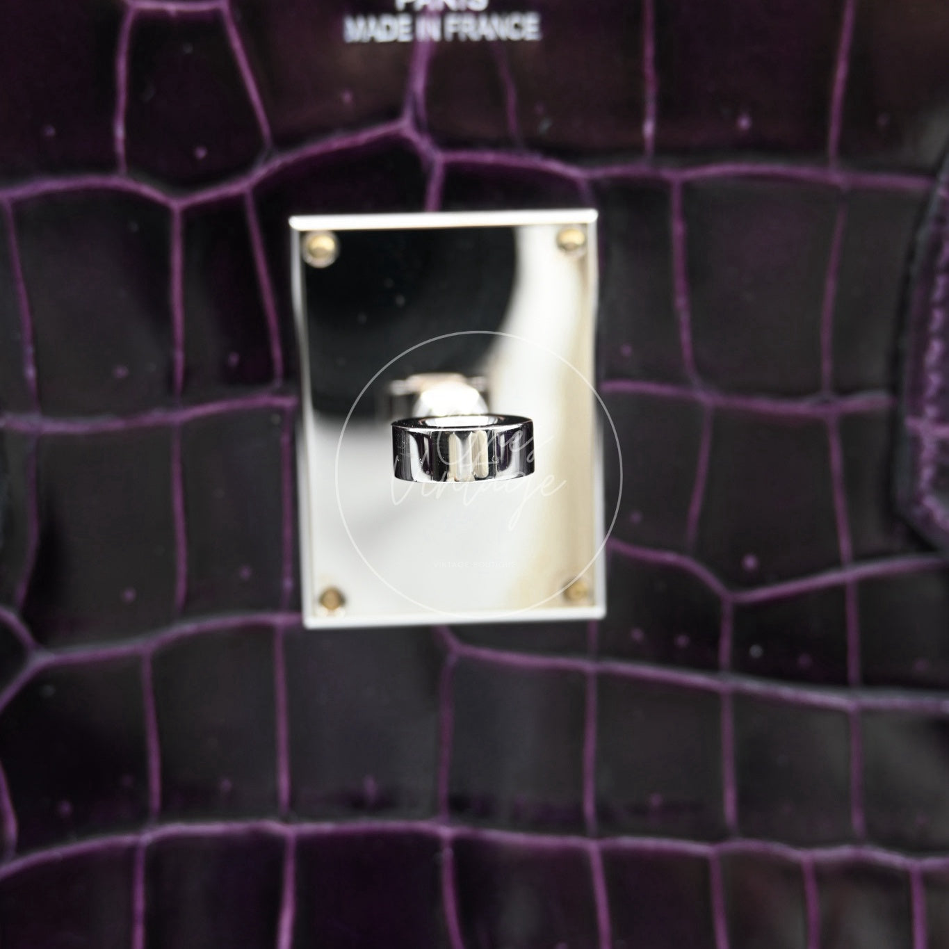 Hermes Shoulder Birkin Cassie Shiny Porosus Croco PHW Purple Stamp O