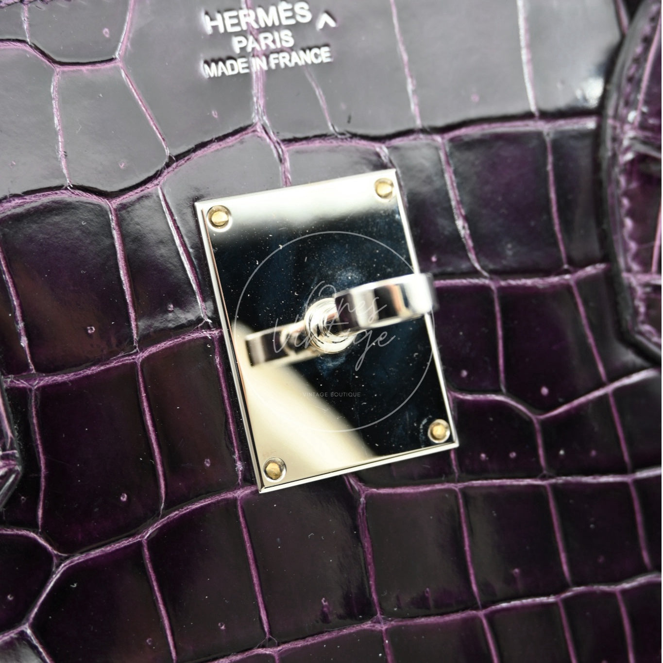 Hermes Shoulder Birkin Cassie Shiny Porosus Croco PHW Purple Stamp O