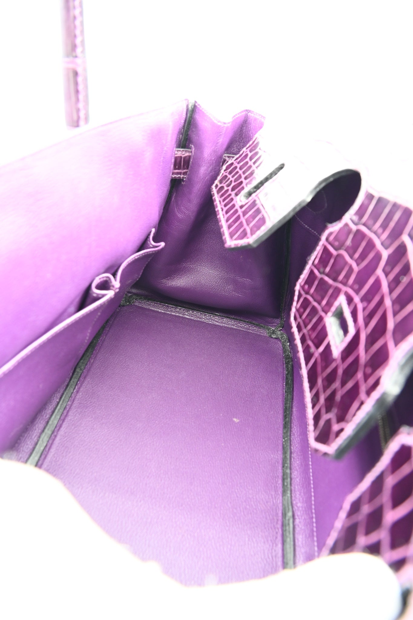 Hermes Shoulder Birkin Cassie Shiny Porosus Croco PHW Purple Stamp O