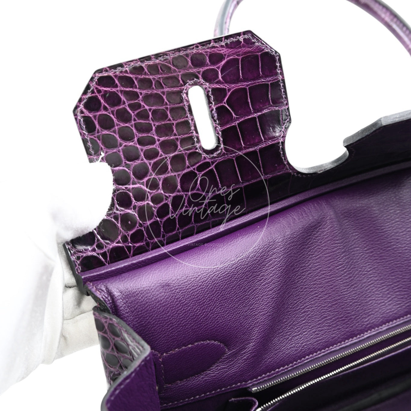 Hermes Shoulder Birkin Cassie Shiny Porosus Croco PHW Purple Stamp O