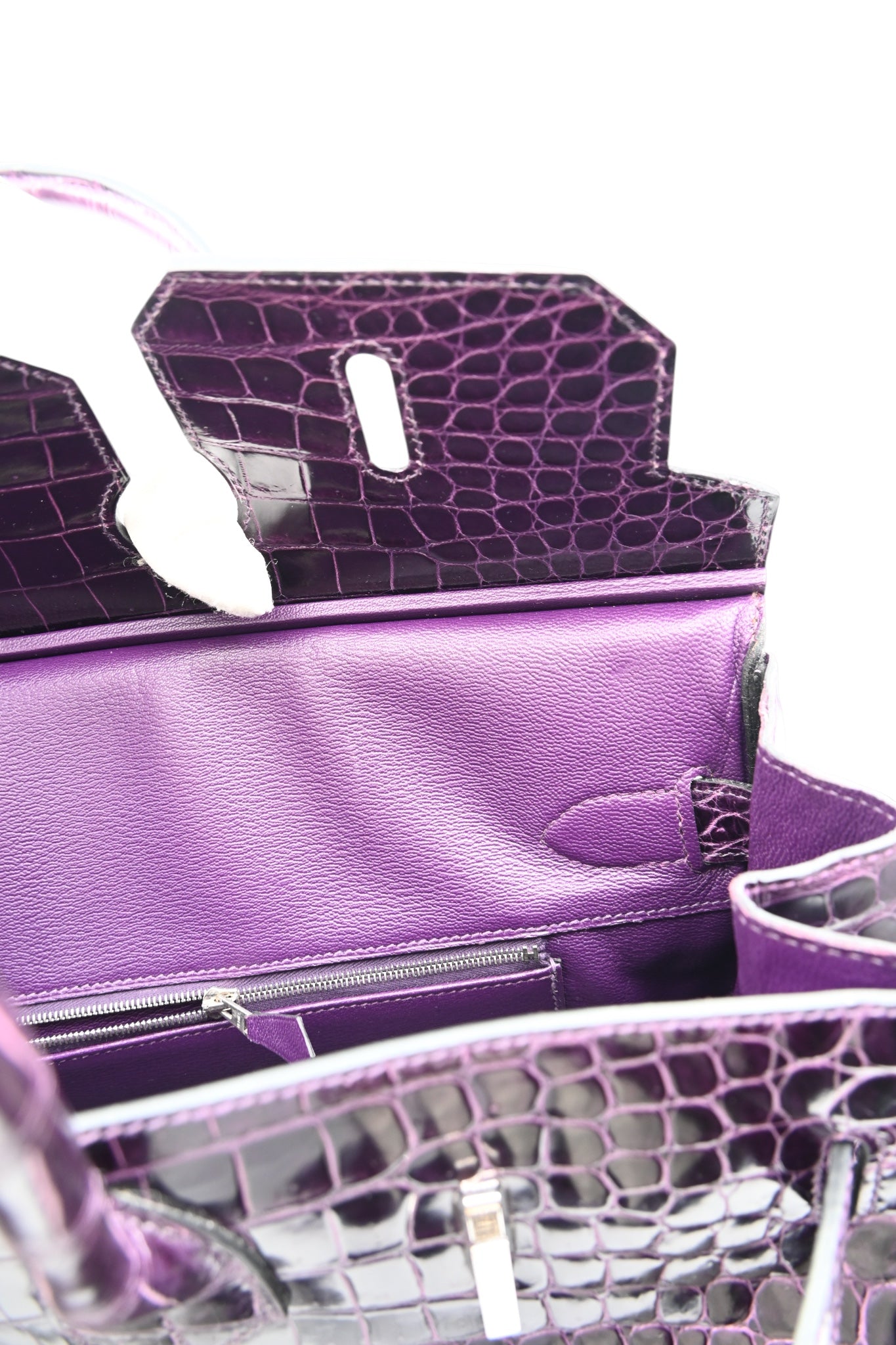 Hermes Shoulder Birkin Cassie Shiny Porosus Croco PHW Purple Stamp O