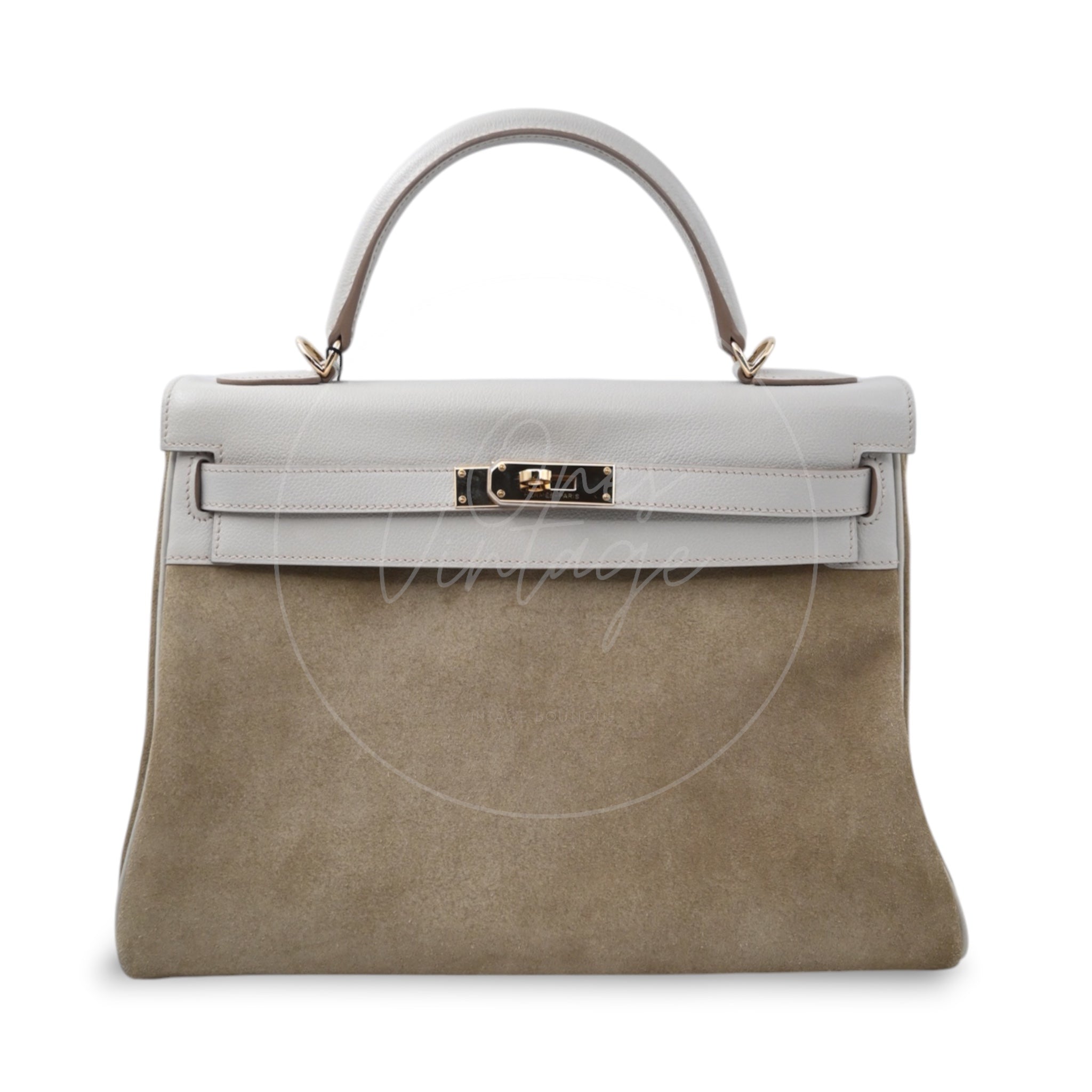 Hermes Kelly 32 Bag Evercolor and Veau Doblis GHW Gris Perle Square Q