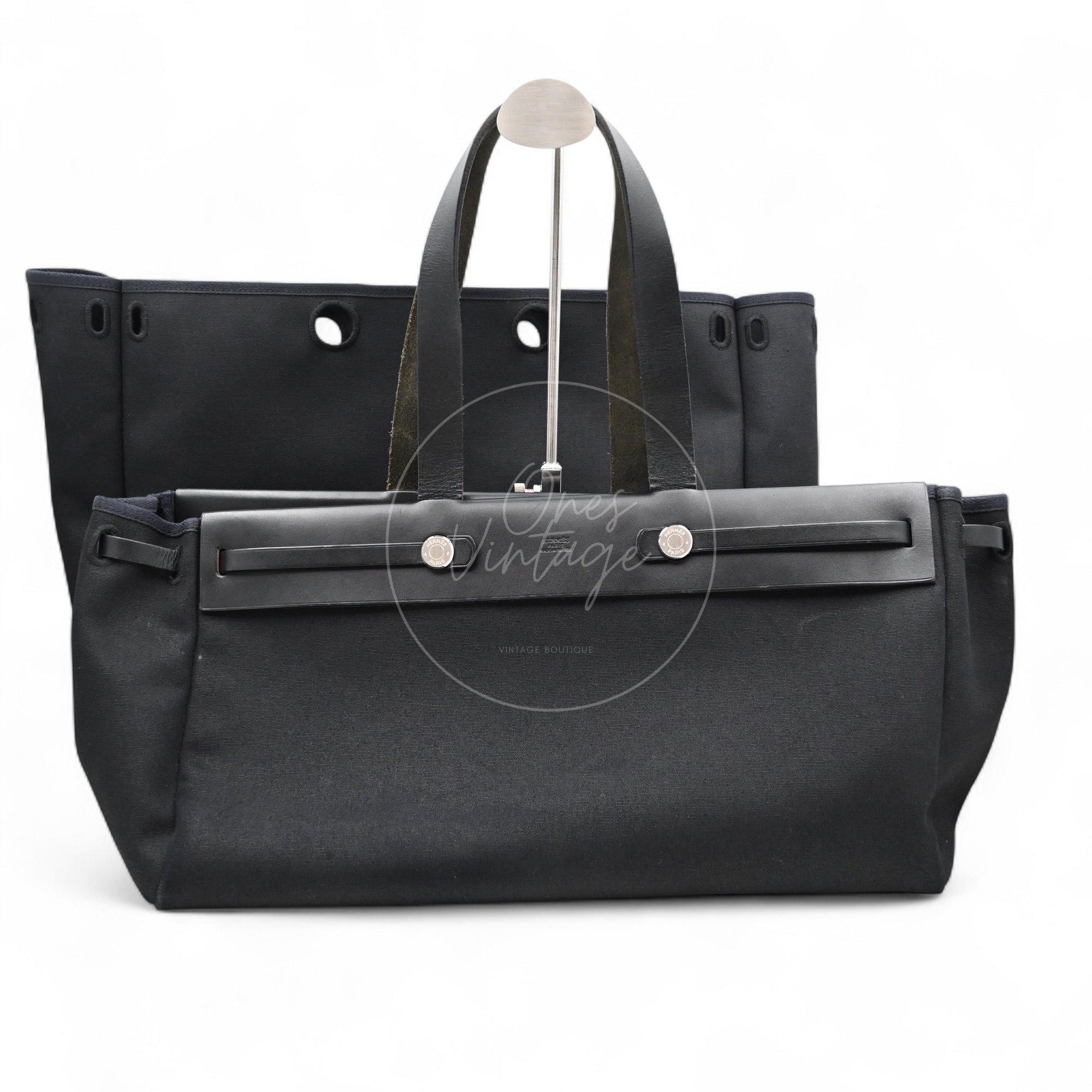 Hermes Herbag Cabas GM Swift Canvas PHW Black Square C