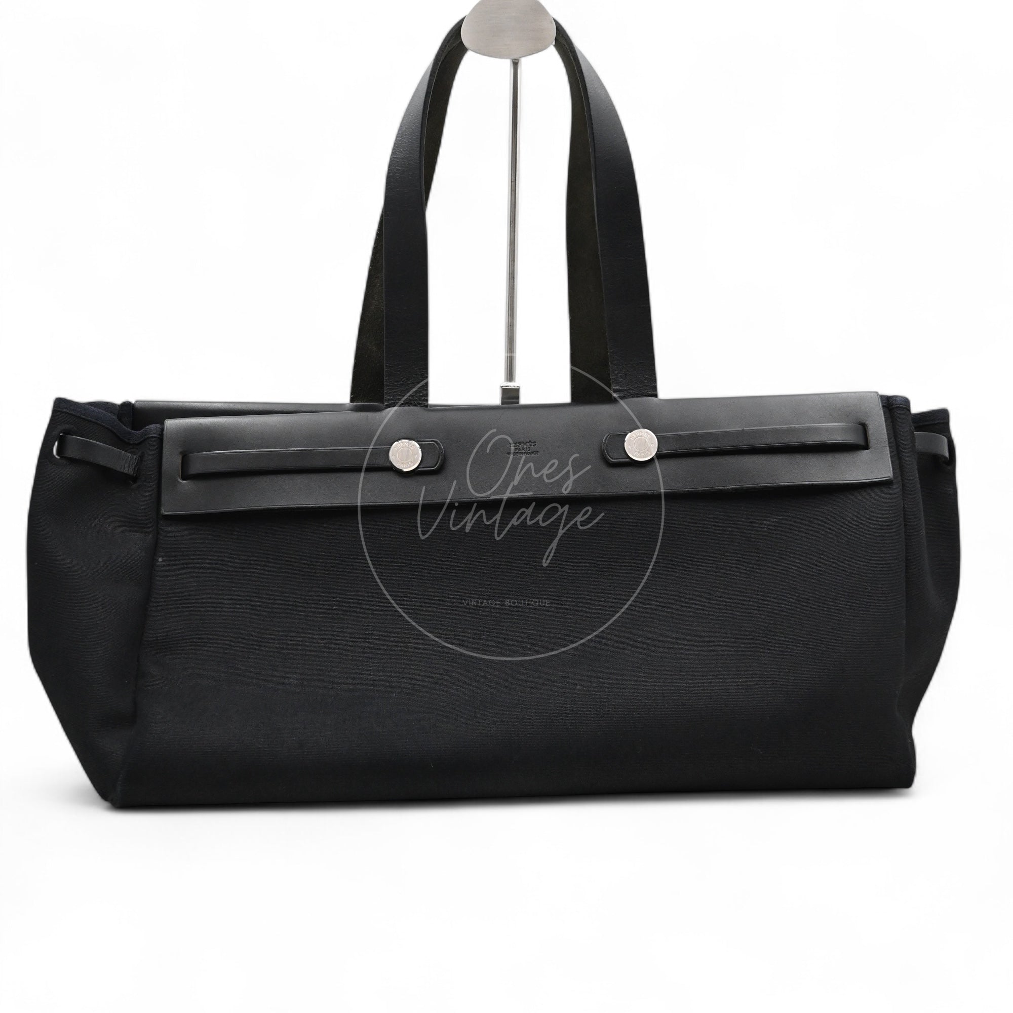 Hermes Herbag Cabas GM Swift Canvas PHW Black Square C