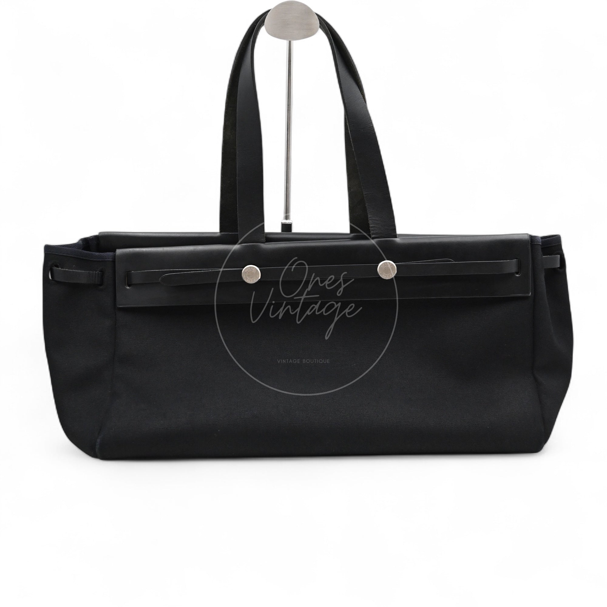 Hermes Herbag Cabas GM Swift Canvas PHW Black Square C
