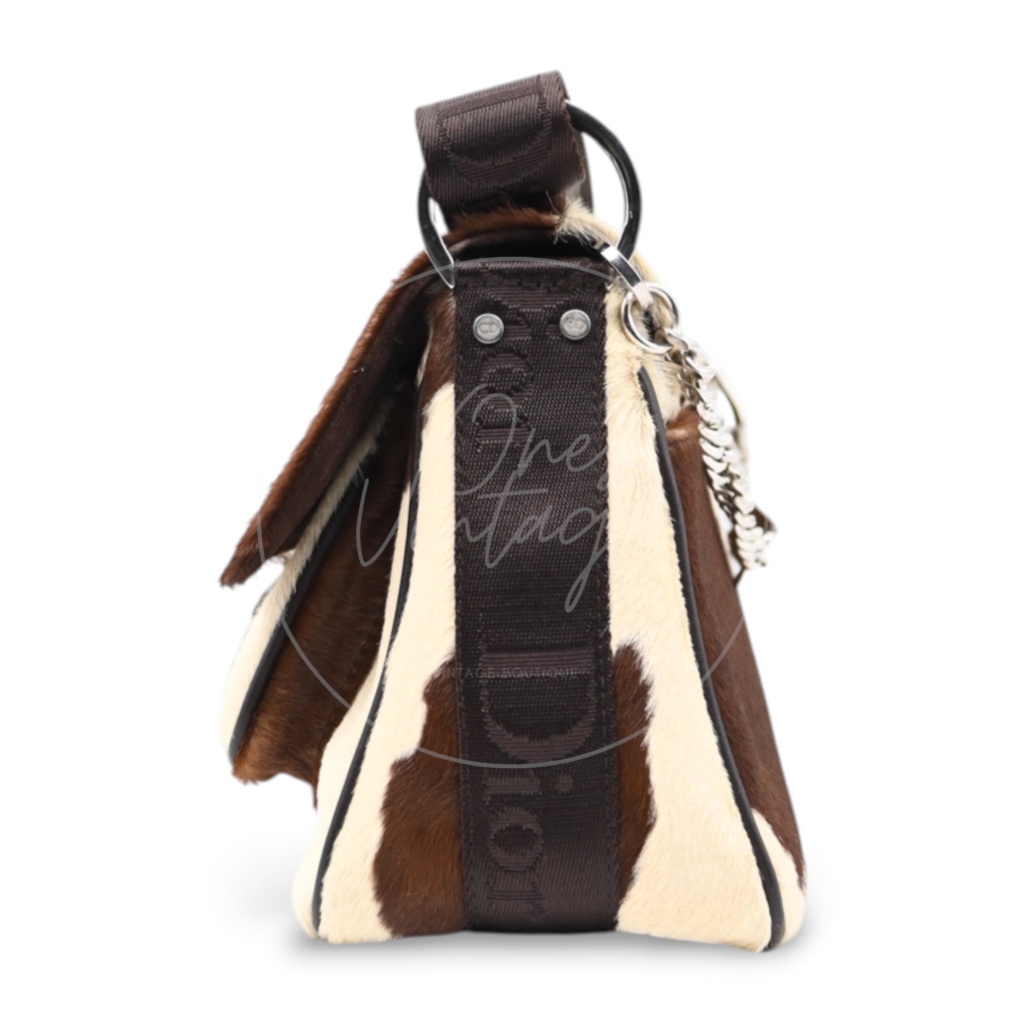 Christian Dior Y2K Pony Hair Shoulder Bag SHW Brown and Cream Cow-print Pattern