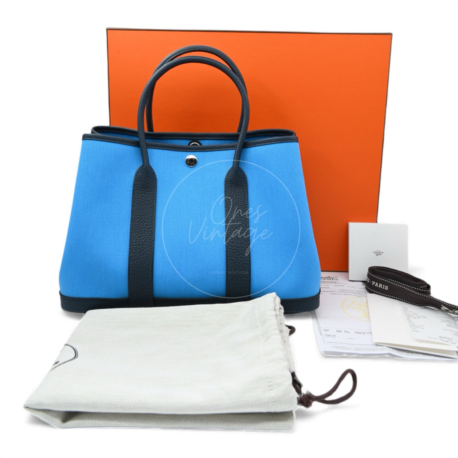 Hermes Garden Party 30 Toile Militaire Veau Negonda PHW Bleu Jeans Stamp K