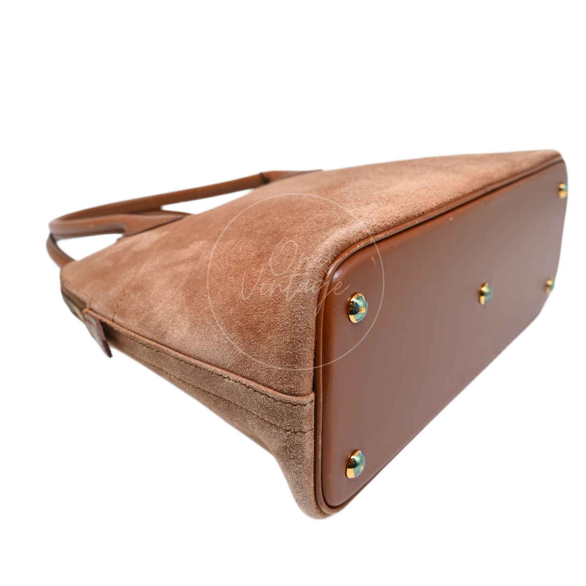 Hermès Bolide 27 in brown suede and leather with gold-tone hardware, Stamp J, rear left base corner and protective feet