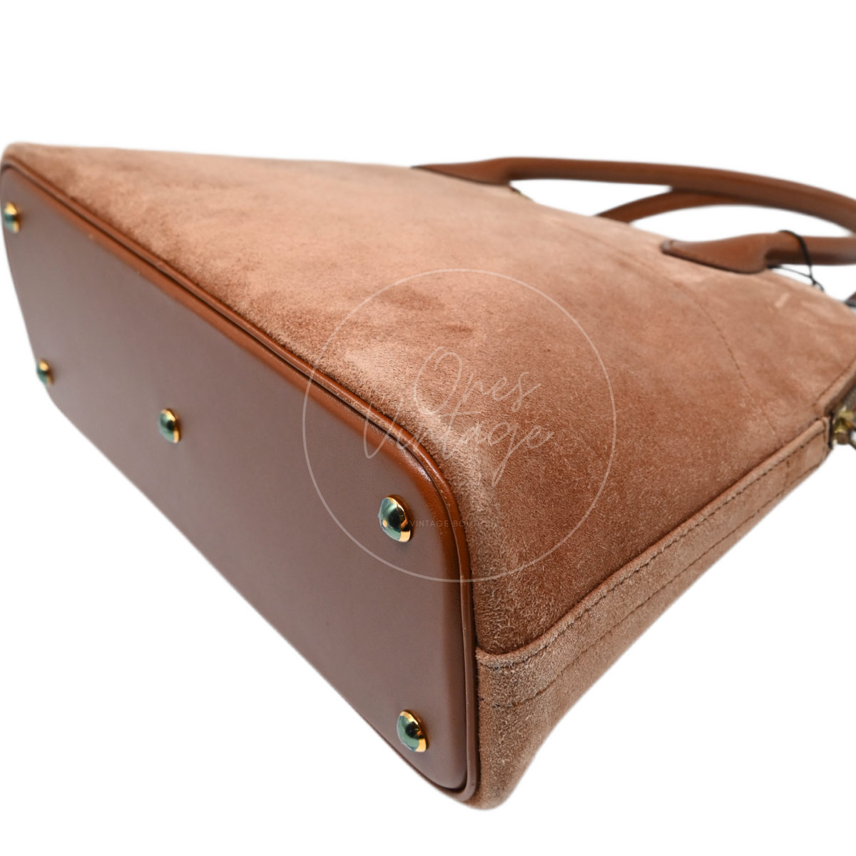 Hermès Bolide 27 in brown suede and leather with gold-tone hardware, Stamp J, rear right base corner and protective feet