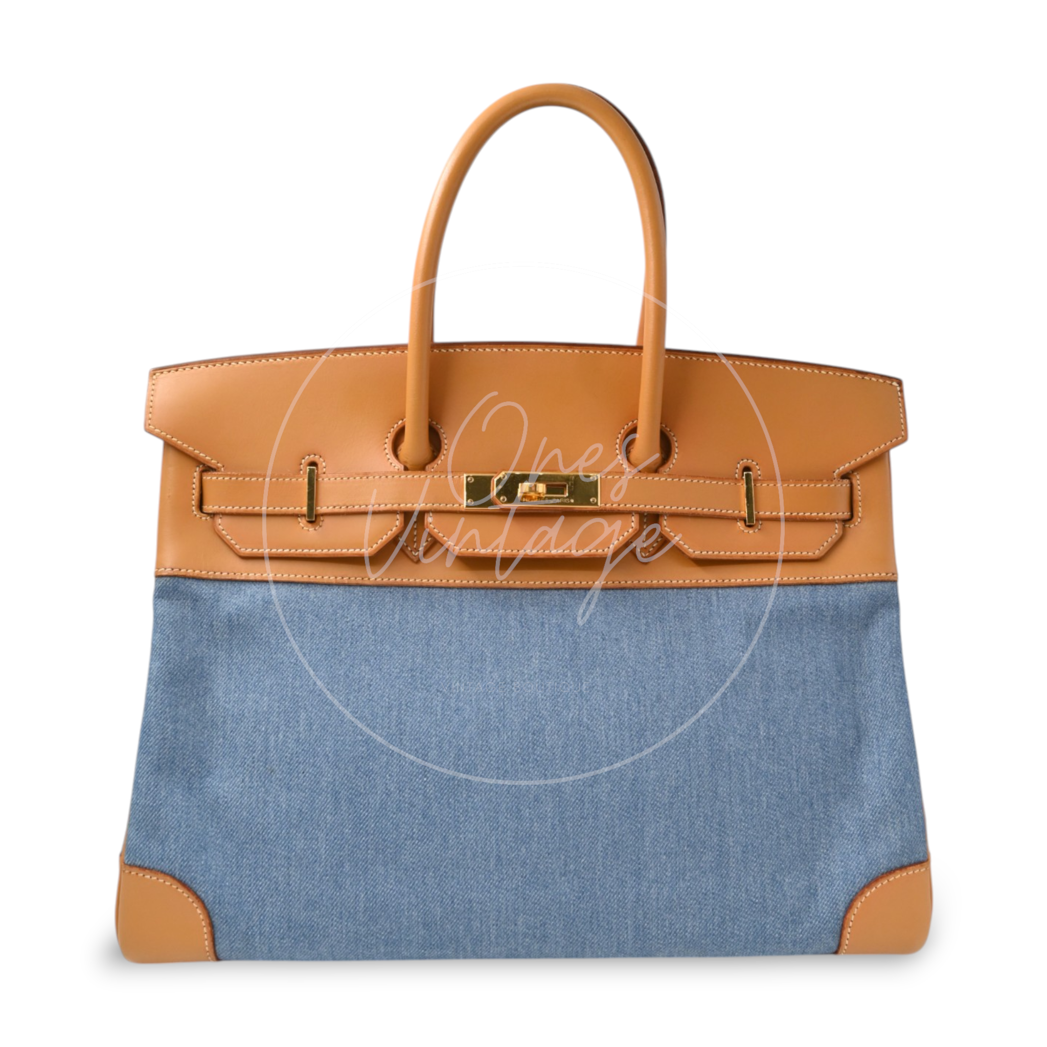 Hermes Birkin 35 Denim Fabrics GHW Brown Blue Square I