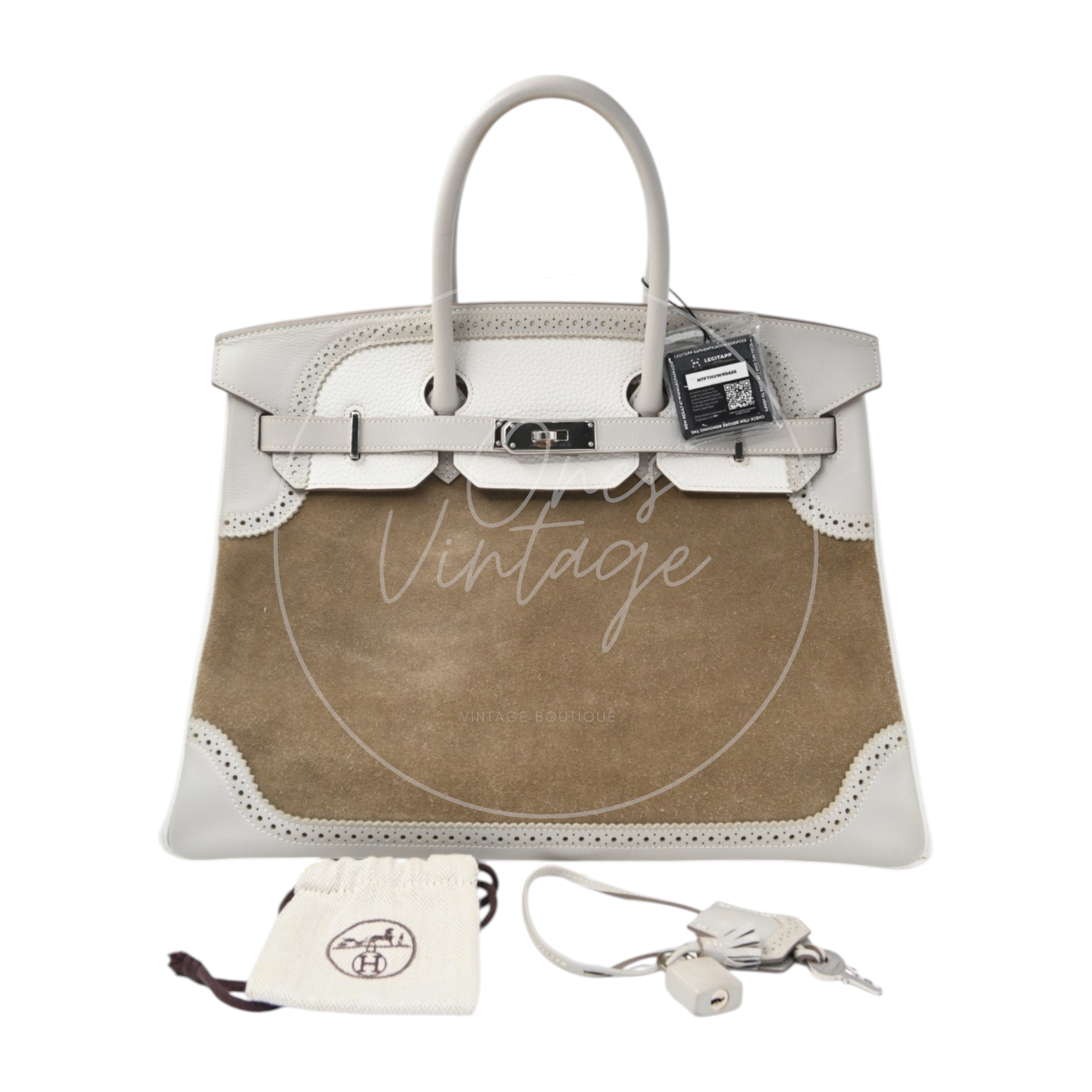 Hermes Birkin 35 Grizzly Ghillies PHW Gris Perle, Etoupe Stamp T