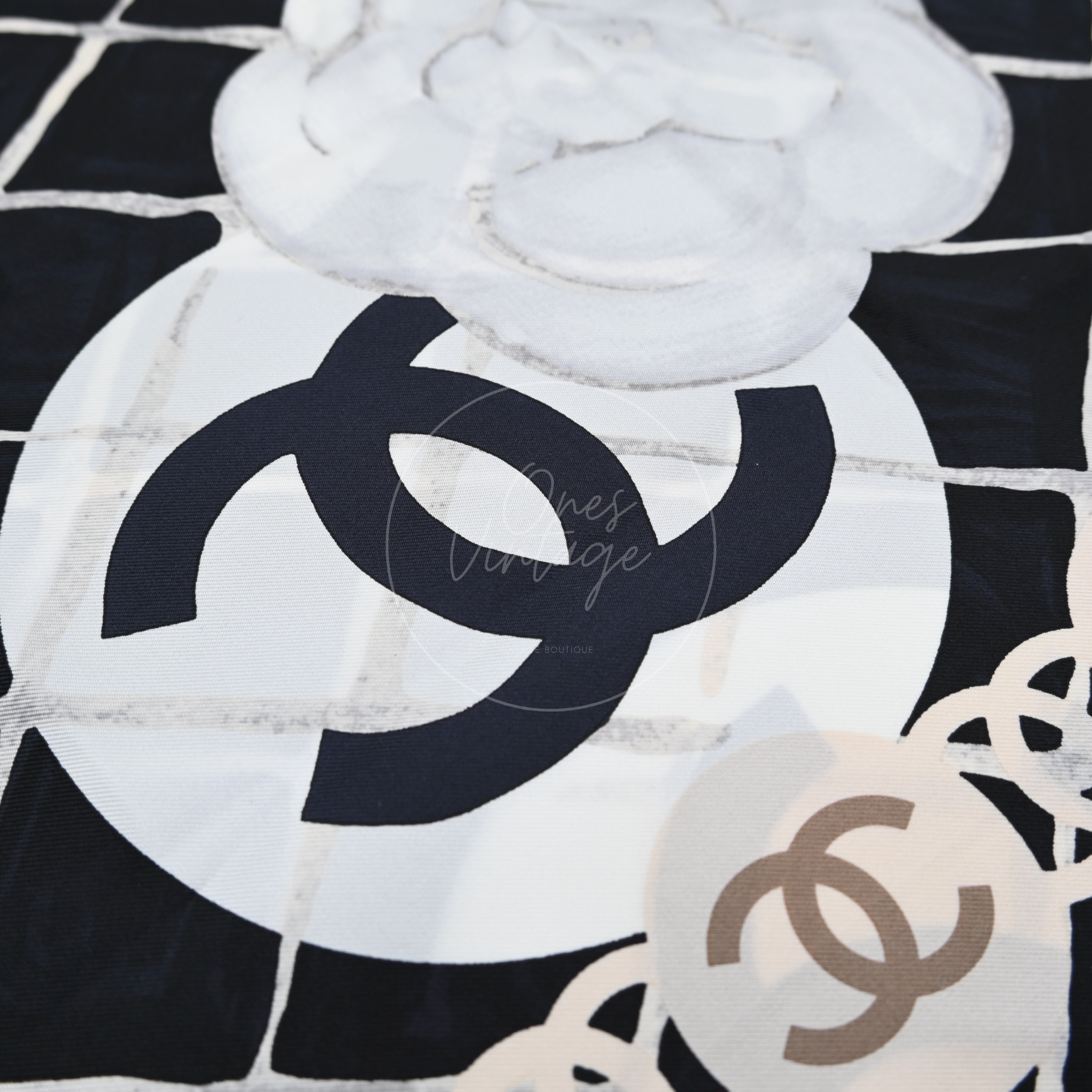 Chanel Black Checkered With White Camellia Pattern Square Scarf