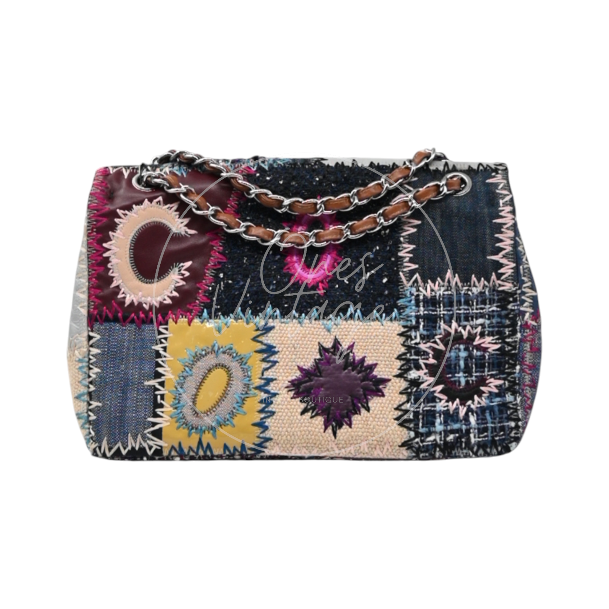 Chanel Denim Tweed Patchwork Jumbo Single Flap SHW Multicolor Series 15