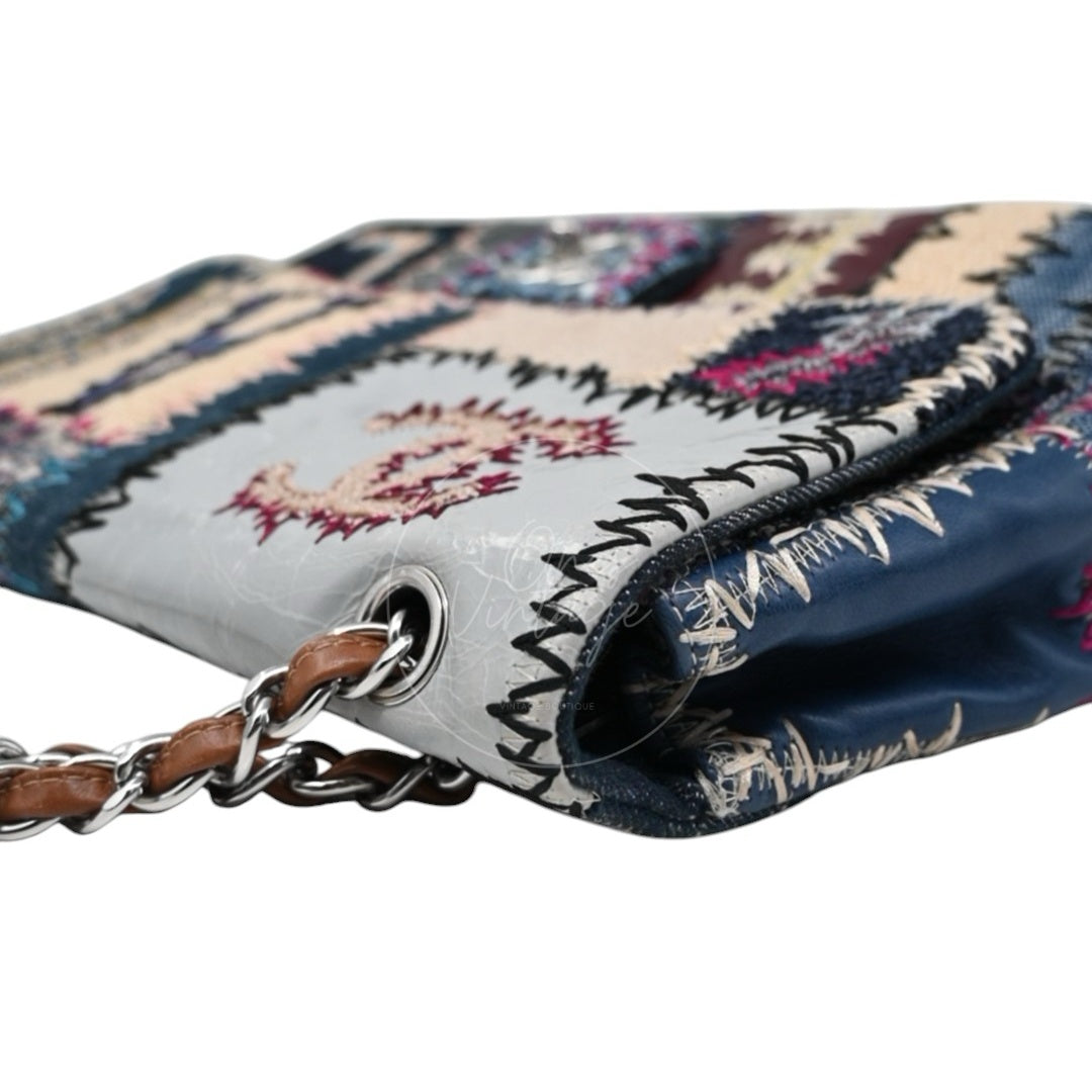 Chanel Denim Tweed Patchwork Jumbo Single Flap SHW Multicolor Series 15
