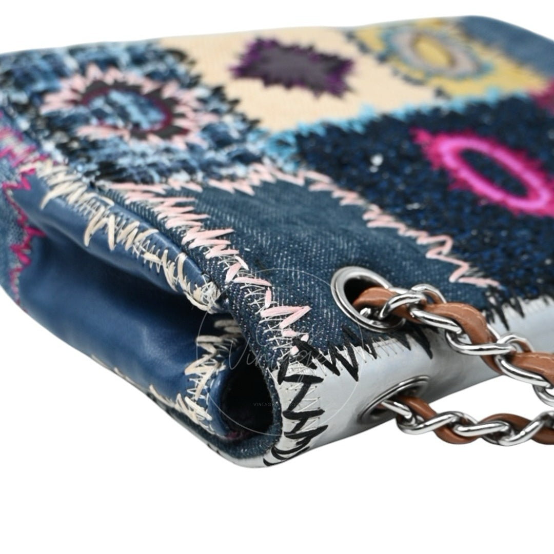 Chanel Denim Tweed Patchwork Jumbo Single Flap SHW Multicolor Series 15