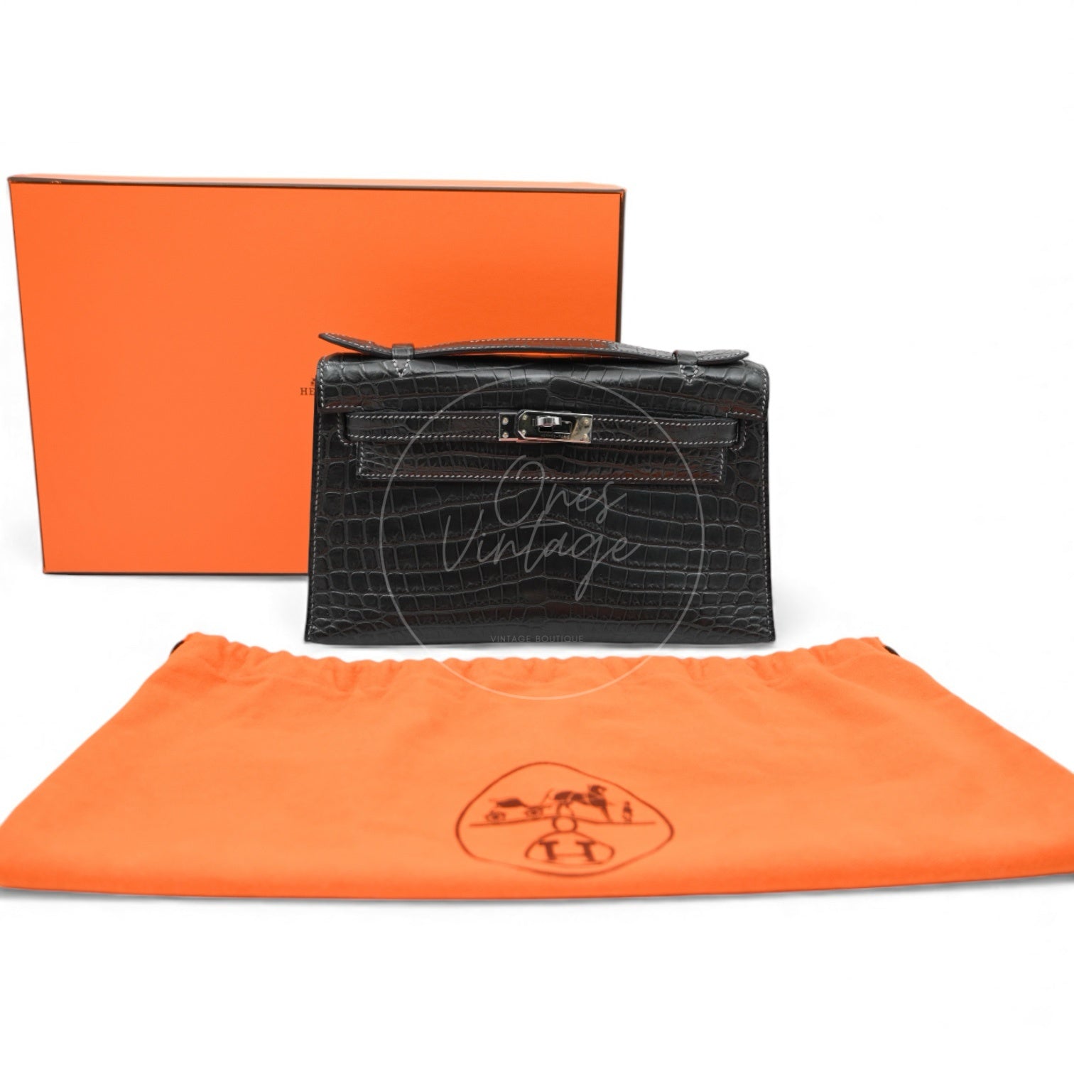 Hermes Kelly Pochette Matt Croco PHW Graphite Square J