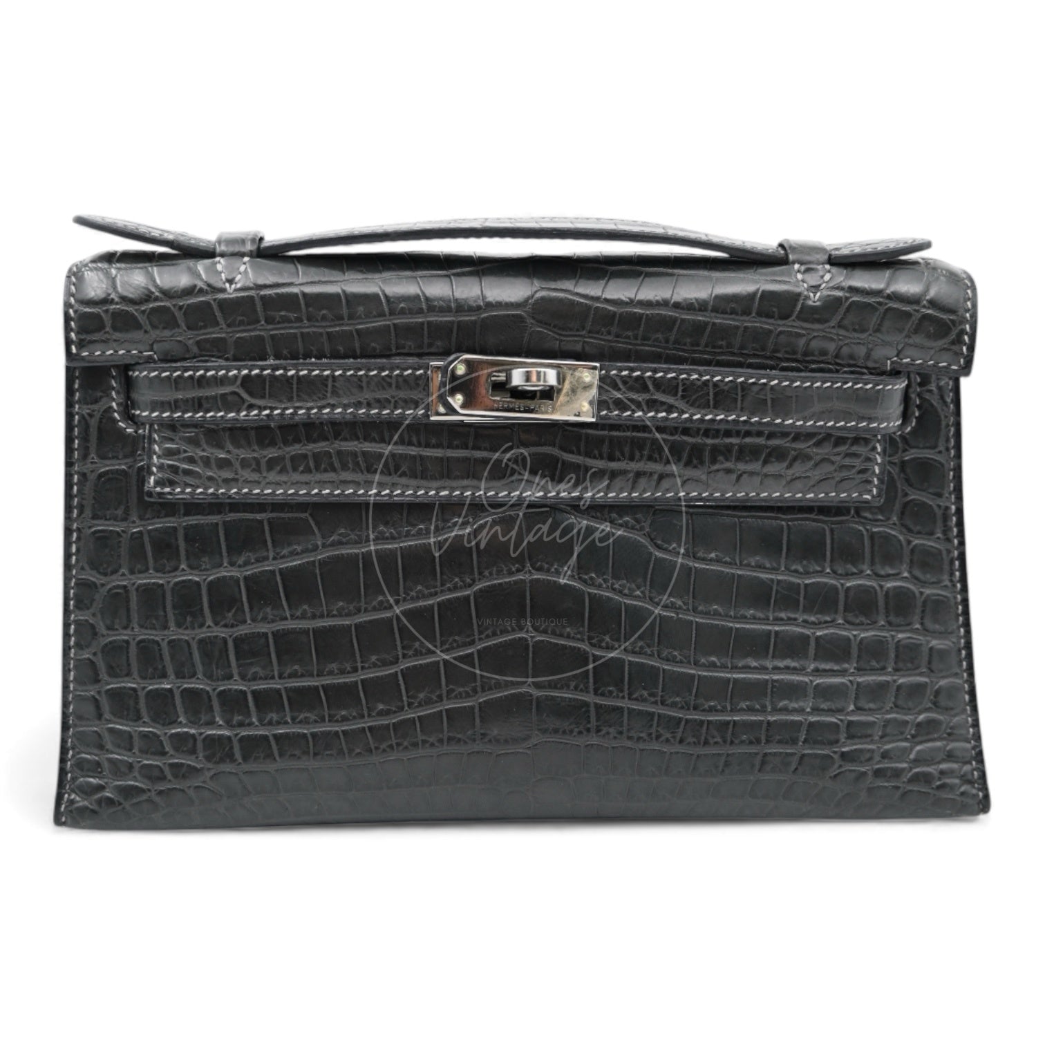Hermes Kelly Pochette Matt Croco PHW Graphite Square J