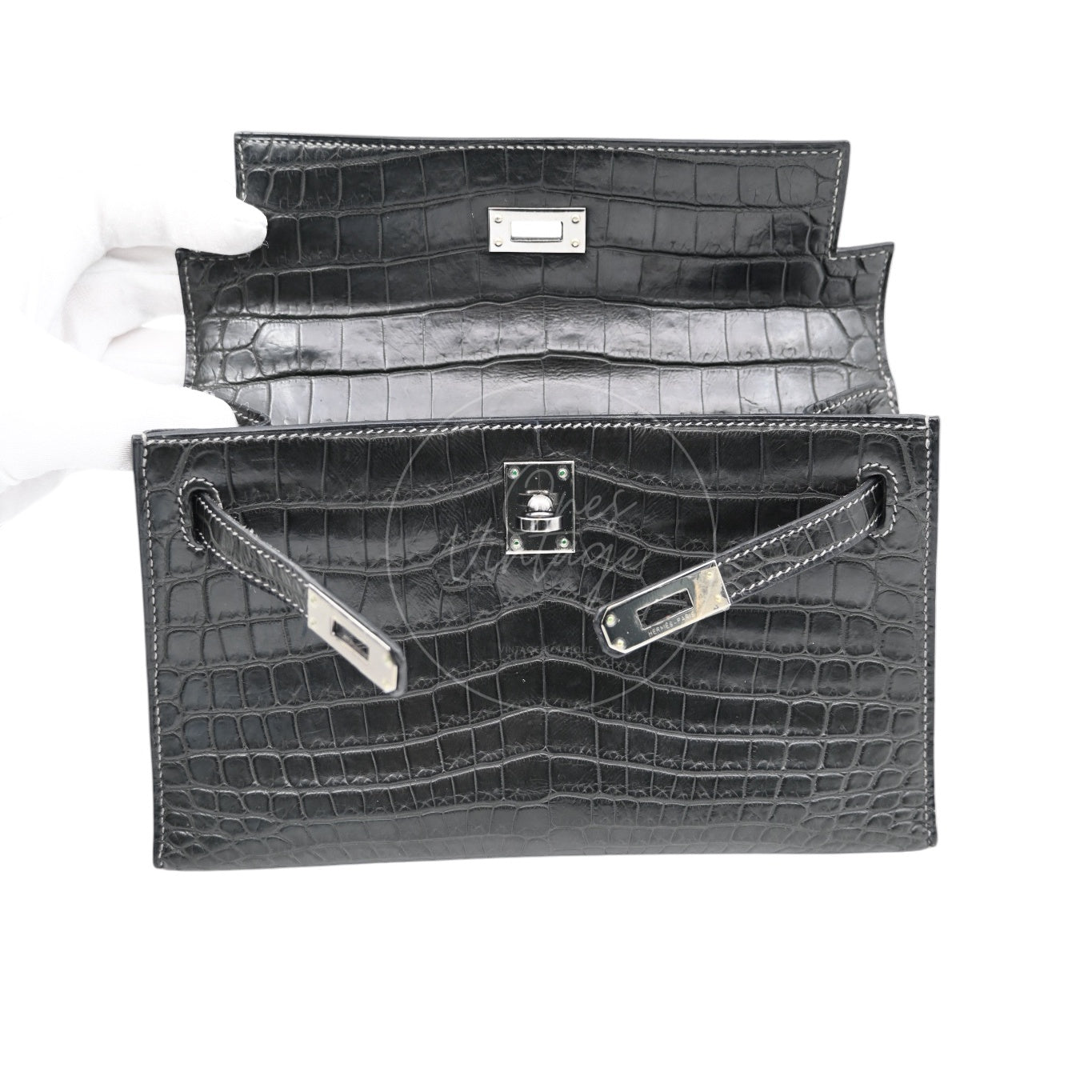 Hermes Kelly Pochette Matt Croco PHW Graphite Square J