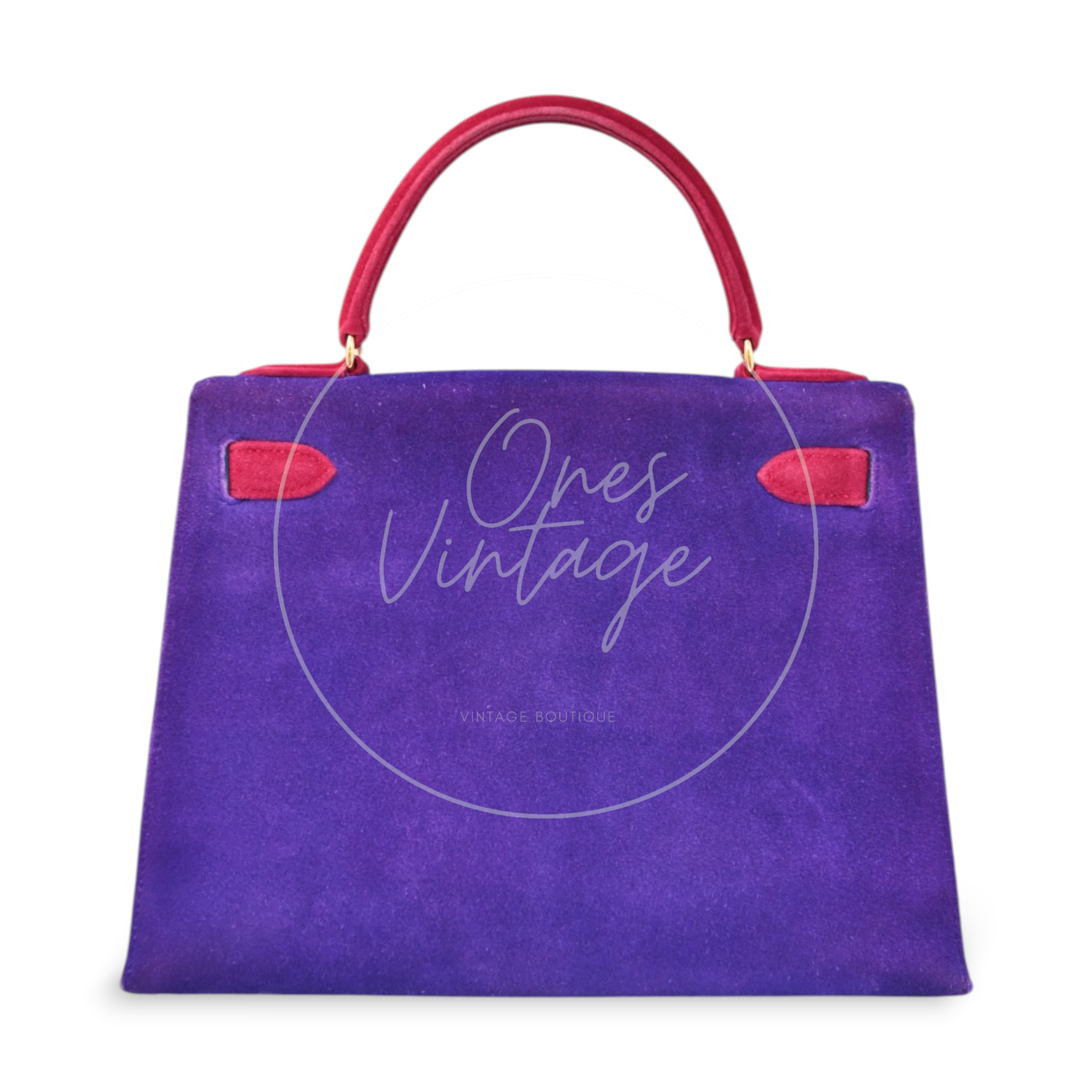 Hermès Kelly 28 Sellier in violet and pink Doblis suede with gold-tone hardware, rear view