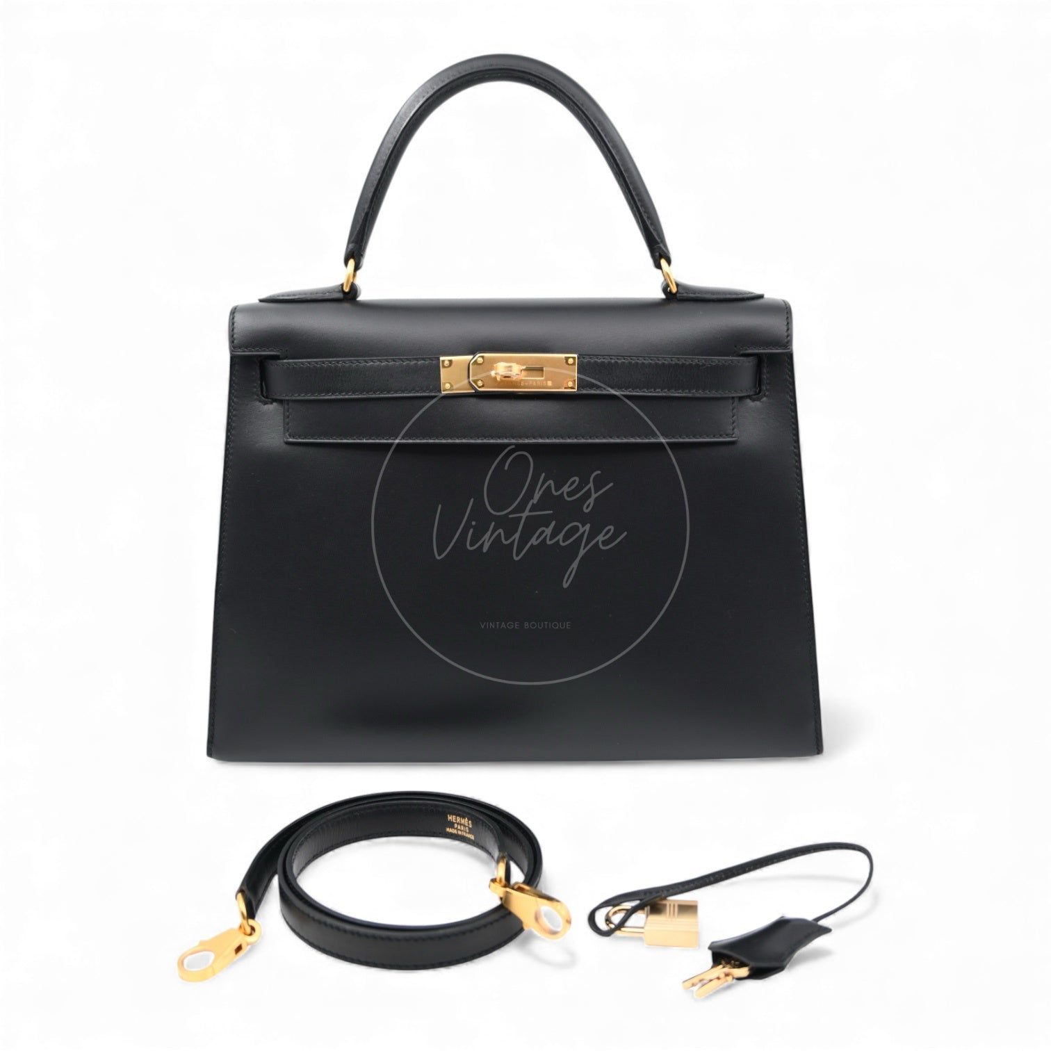 Hermes Kelly 28Box Caft Handbag GHW Black Circle Z