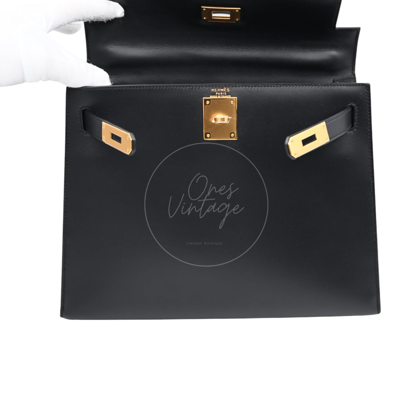 Hermes Kelly 28Box Caft Handbag GHW Black Circle Z