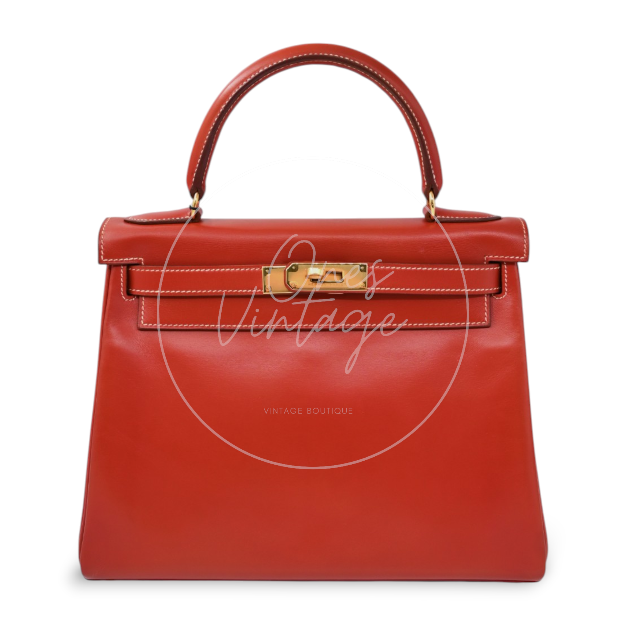 Hermes Kelly 28 Box Leather Handbag GHW Brique Circle W