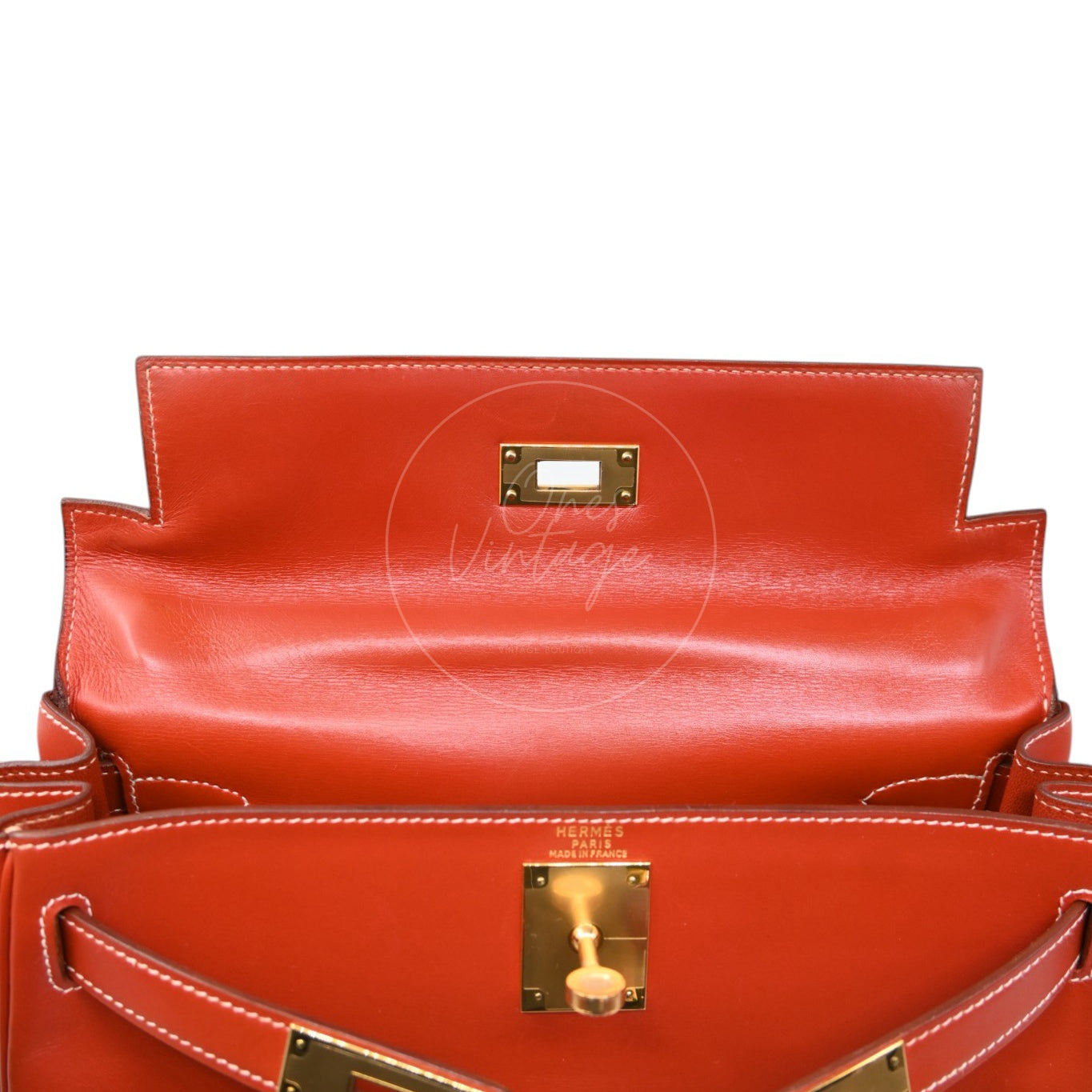 Hermes Kelly 28 Box Leather Handbag GHW Brique Circle W